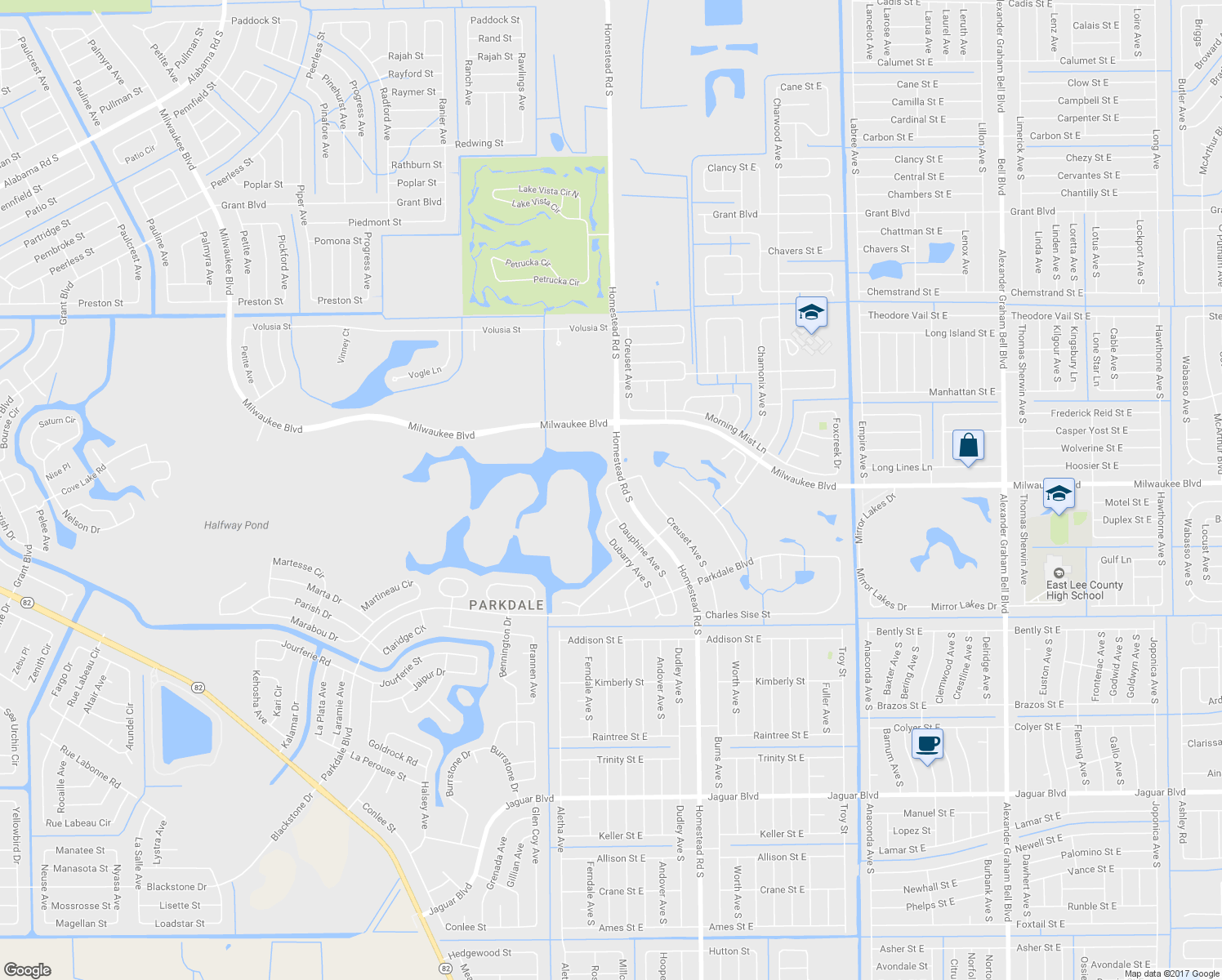 map of restaurants, bars, coffee shops, grocery stores, and more near 621 Dauphine Avenue South in Lehigh Acres