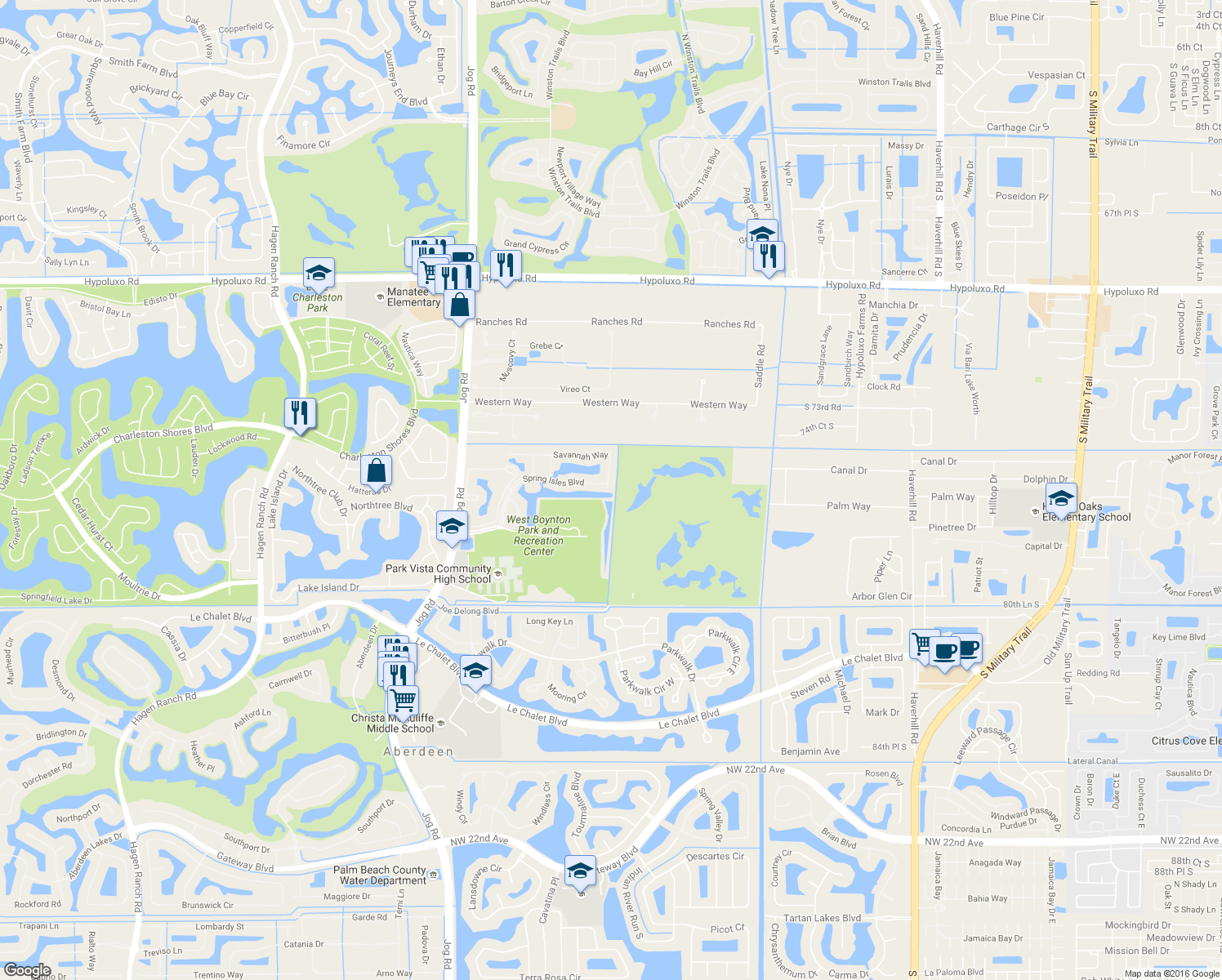 map of restaurants, bars, coffee shops, grocery stores, and more near 7628 Sierra Ridge Lane in Lake Worth