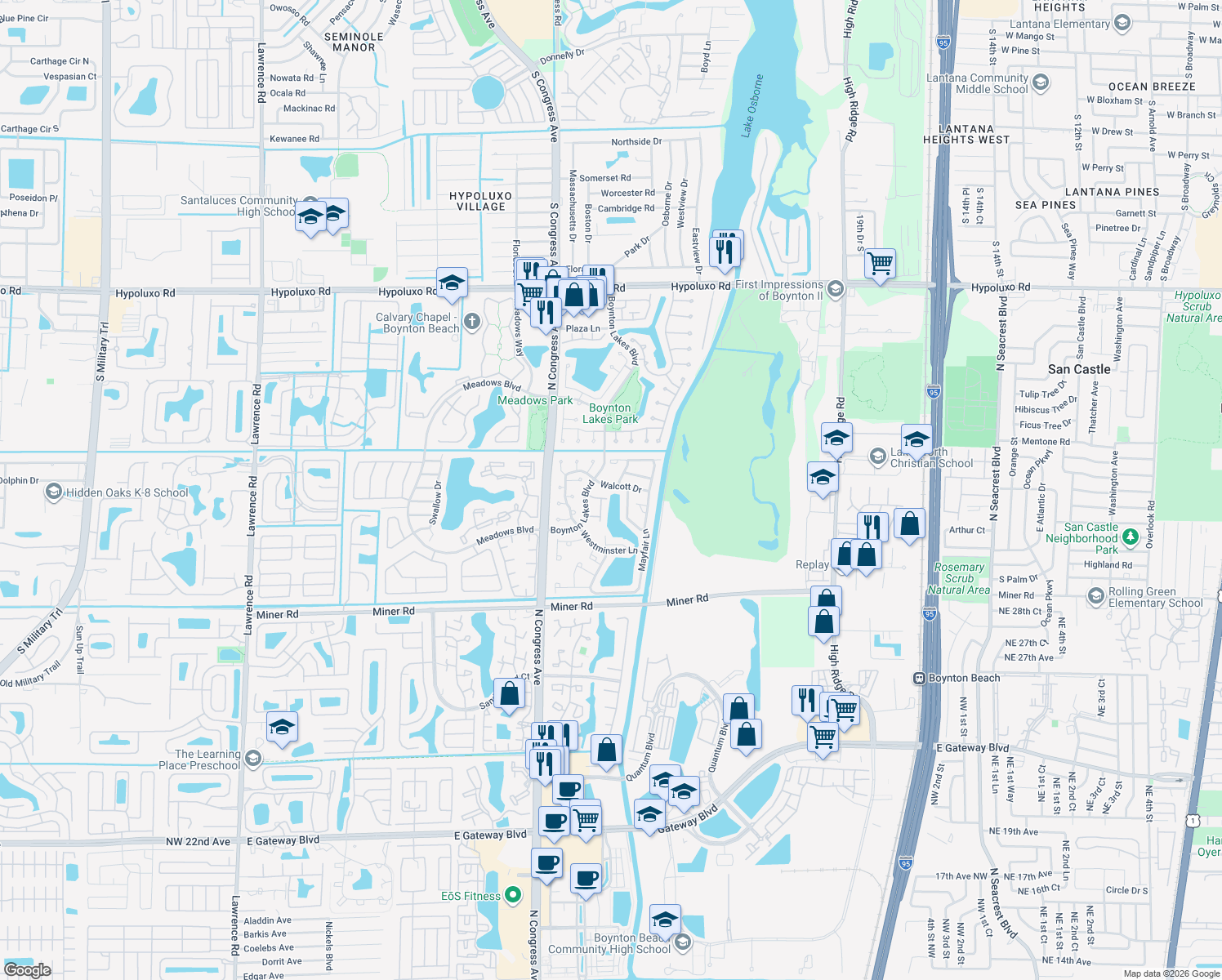 map of restaurants, bars, coffee shops, grocery stores, and more near 23 Walcott Drive in Boynton Beach