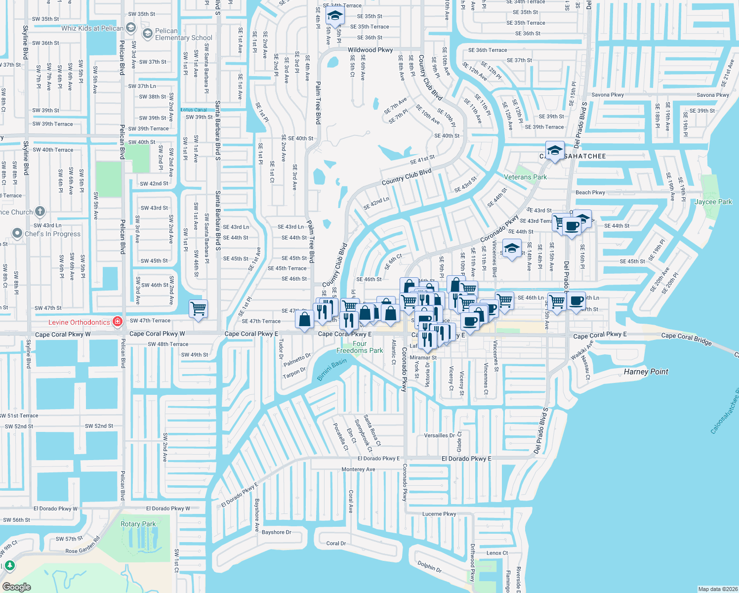 map of restaurants, bars, coffee shops, grocery stores, and more near 607 Southeast 46th Lane in Cape Coral