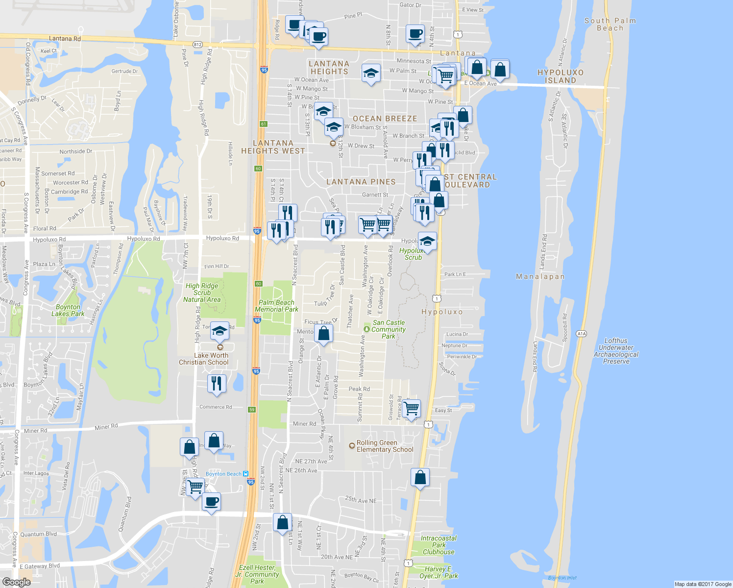 map of restaurants, bars, coffee shops, grocery stores, and more near 7293 West Oakridge Circle in Lake Worth