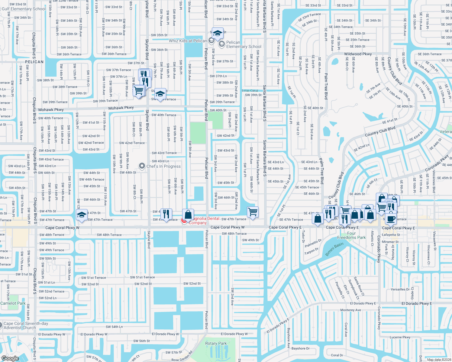 map of restaurants, bars, coffee shops, grocery stores, and more near 218 Southwest 45th Street in Cape Coral