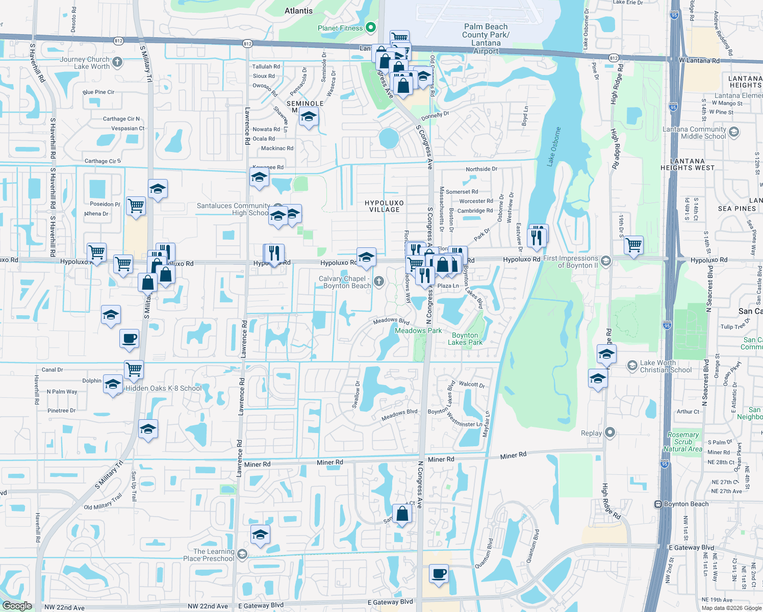 map of restaurants, bars, coffee shops, grocery stores, and more near 410 Meadows Circle in Boynton Beach