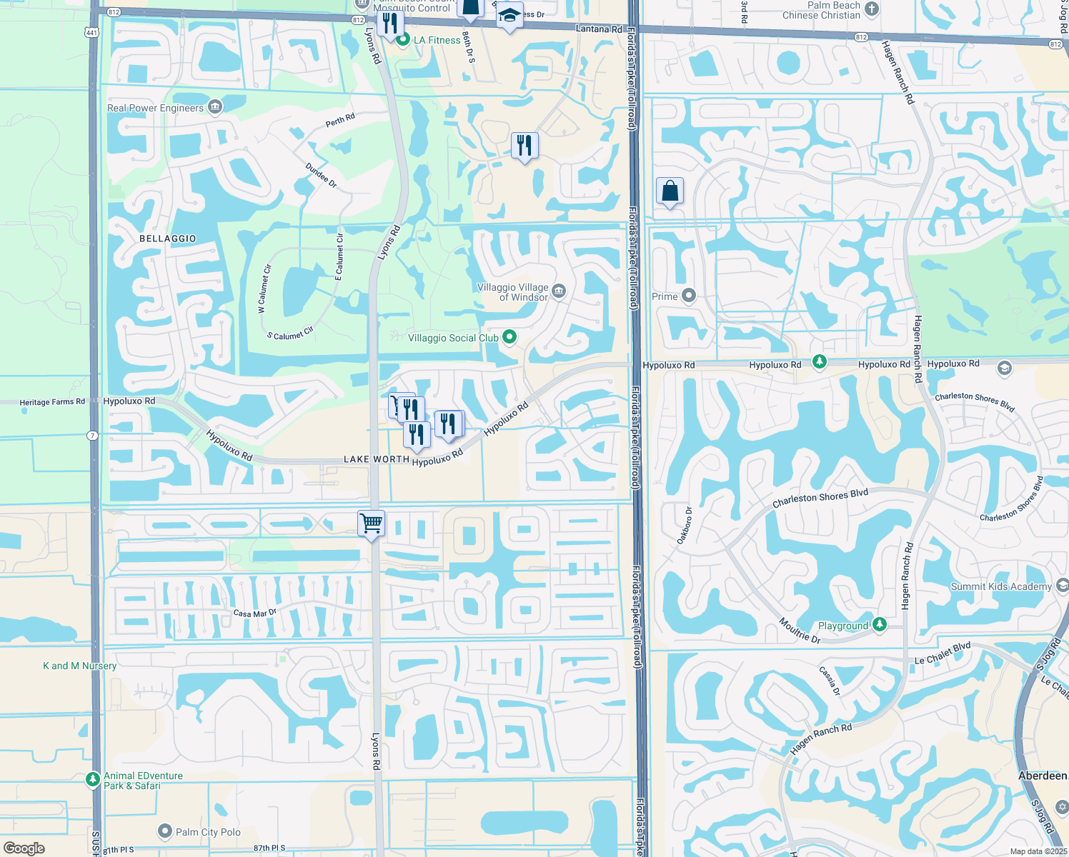 map of restaurants, bars, coffee shops, grocery stores, and more near 7237 Via Luria in Lake Worth