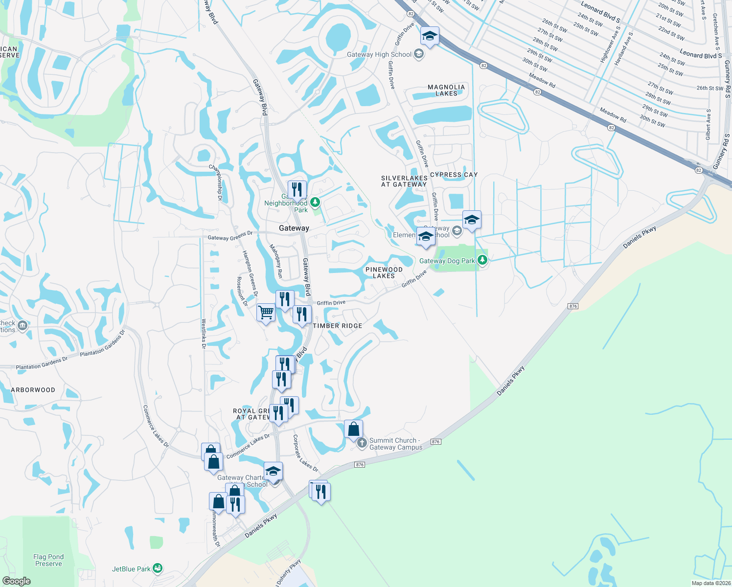map of restaurants, bars, coffee shops, grocery stores, and more near 12911 Parkline Drive in Fort Myers