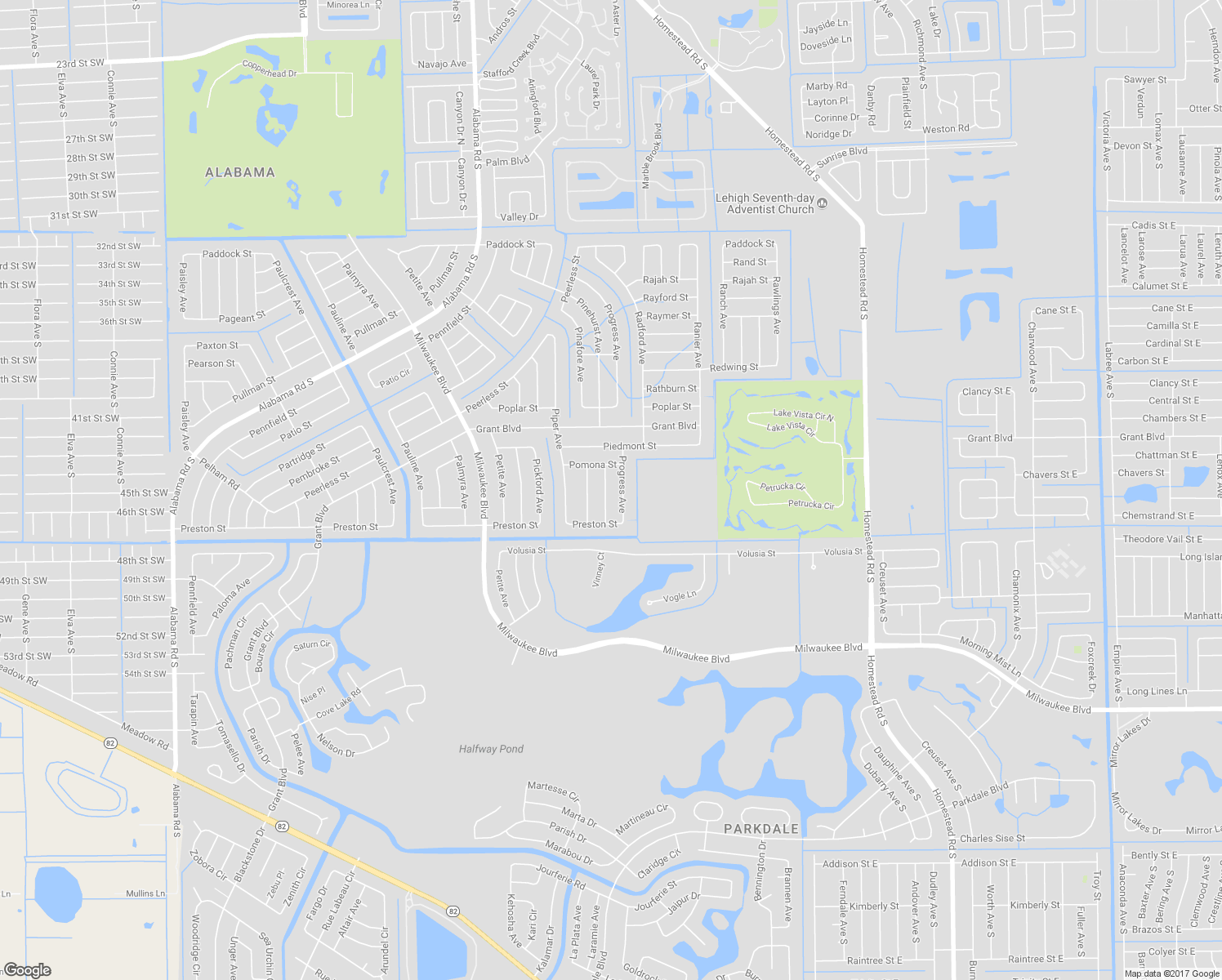 map of restaurants, bars, coffee shops, grocery stores, and more near 423 Pinehurst Avenue in Lehigh Acres