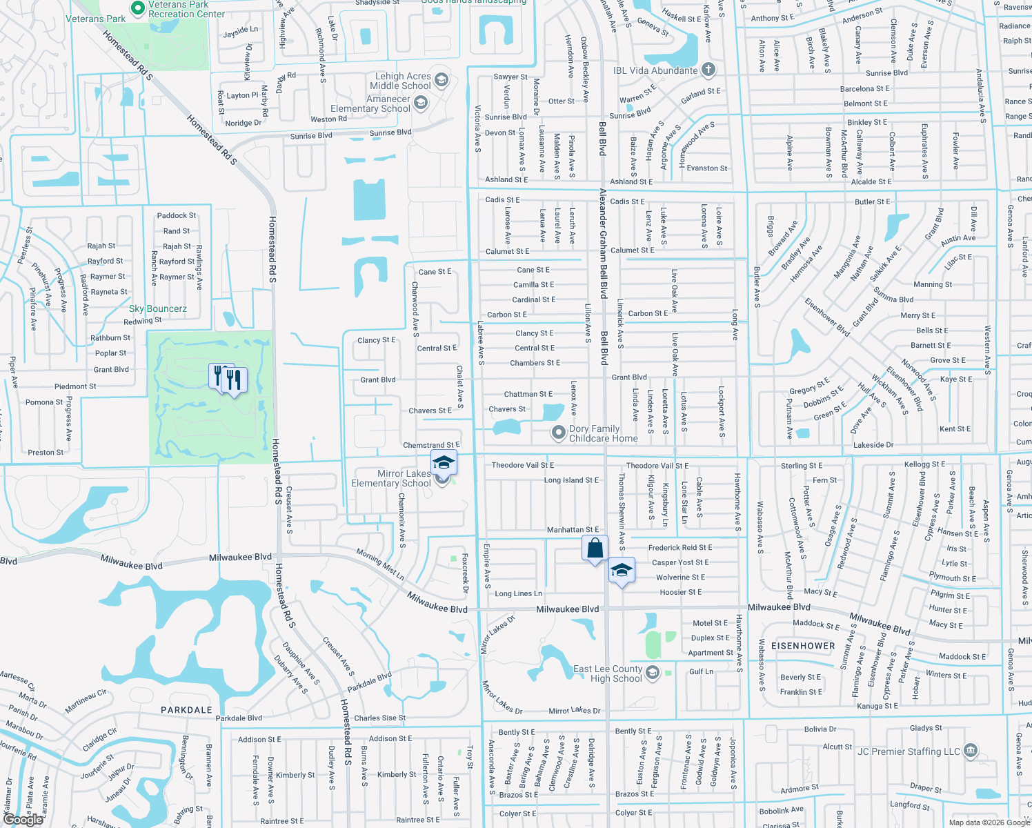 map of restaurants, bars, coffee shops, grocery stores, and more near 730 Chavers Street in Lehigh Acres