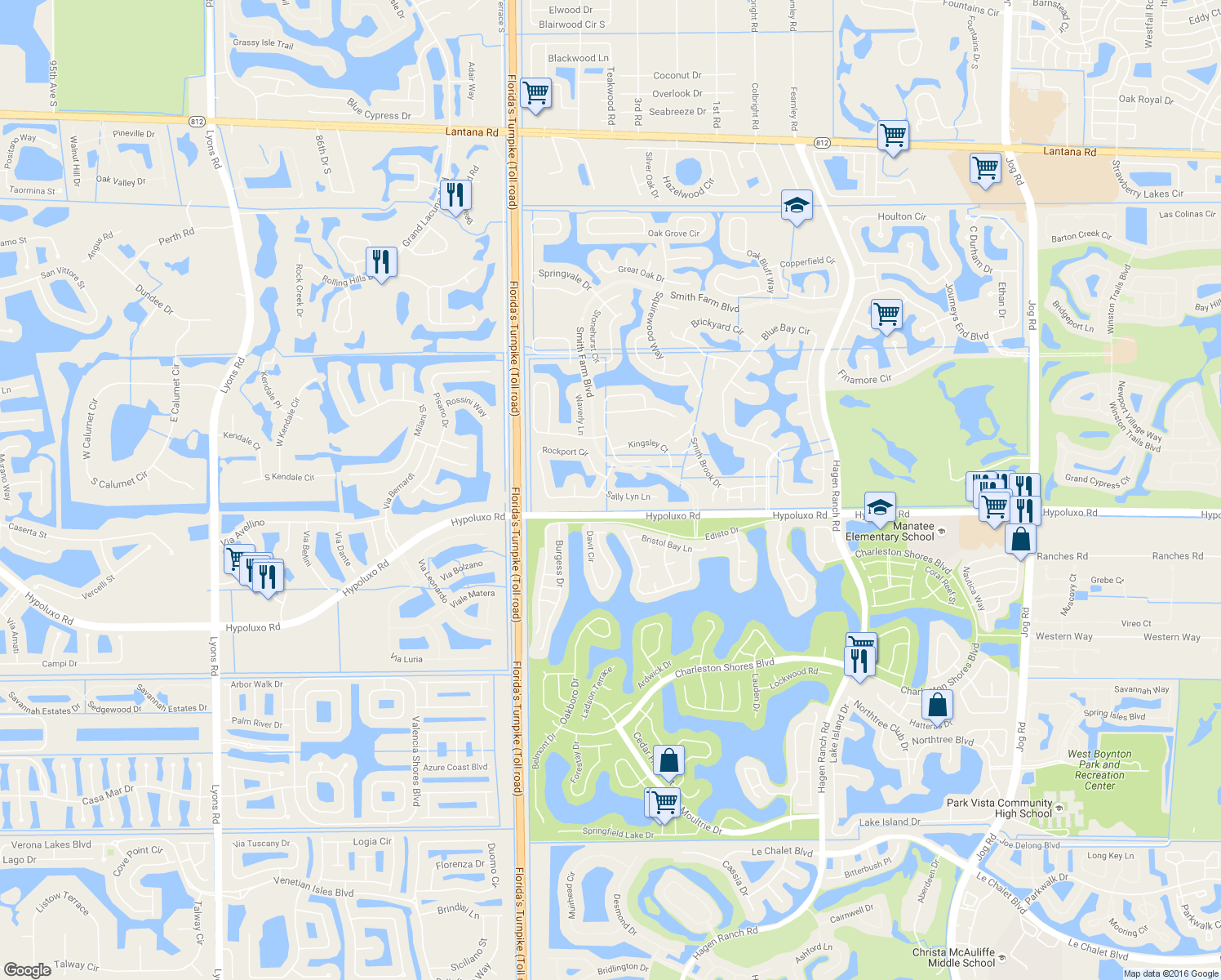 map of restaurants, bars, coffee shops, grocery stores, and more near 7553 Sally Lyn Lane in Lake Worth