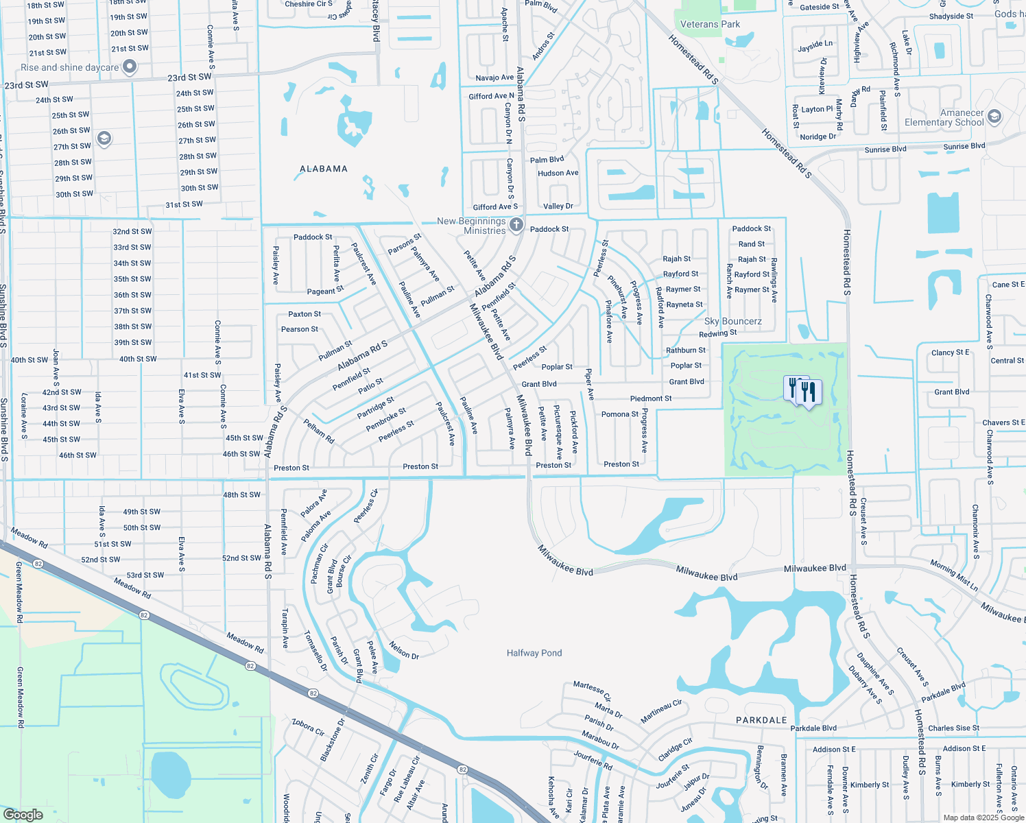 map of restaurants, bars, coffee shops, grocery stores, and more near 409 Palmyra Avenue in Lehigh Acres