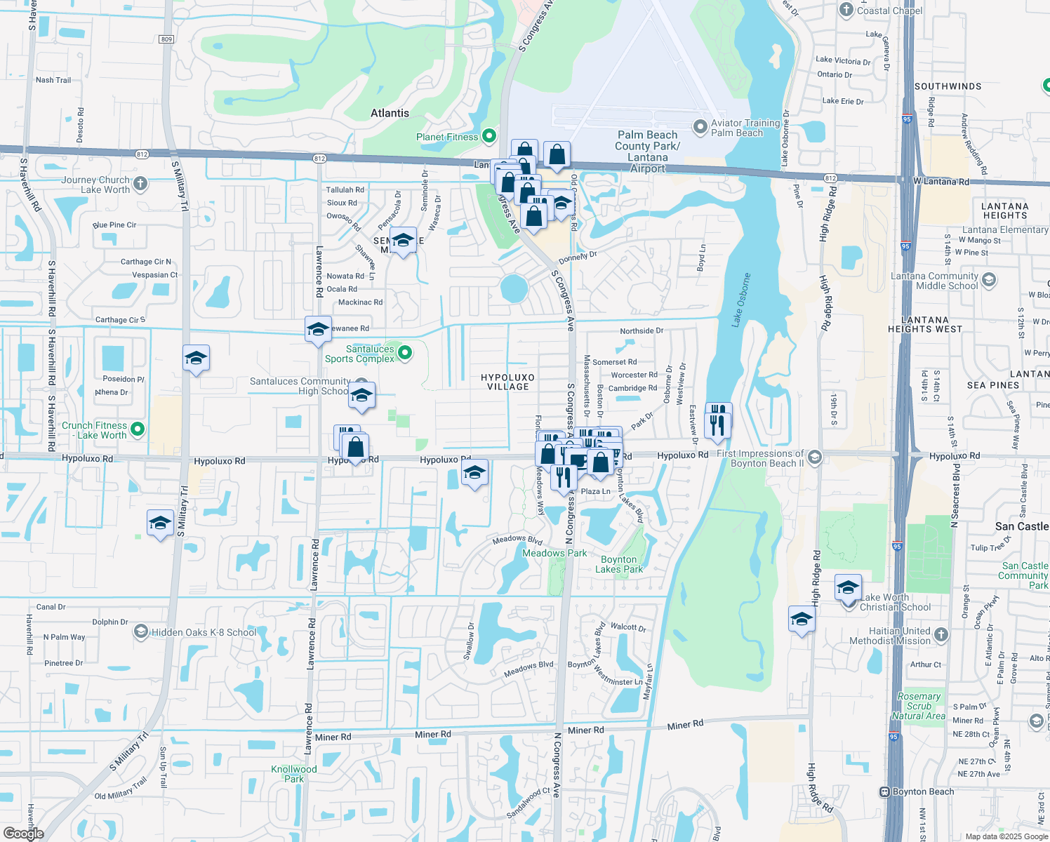 map of restaurants, bars, coffee shops, grocery stores, and more near 3190 Mariner Way in Lake Worth
