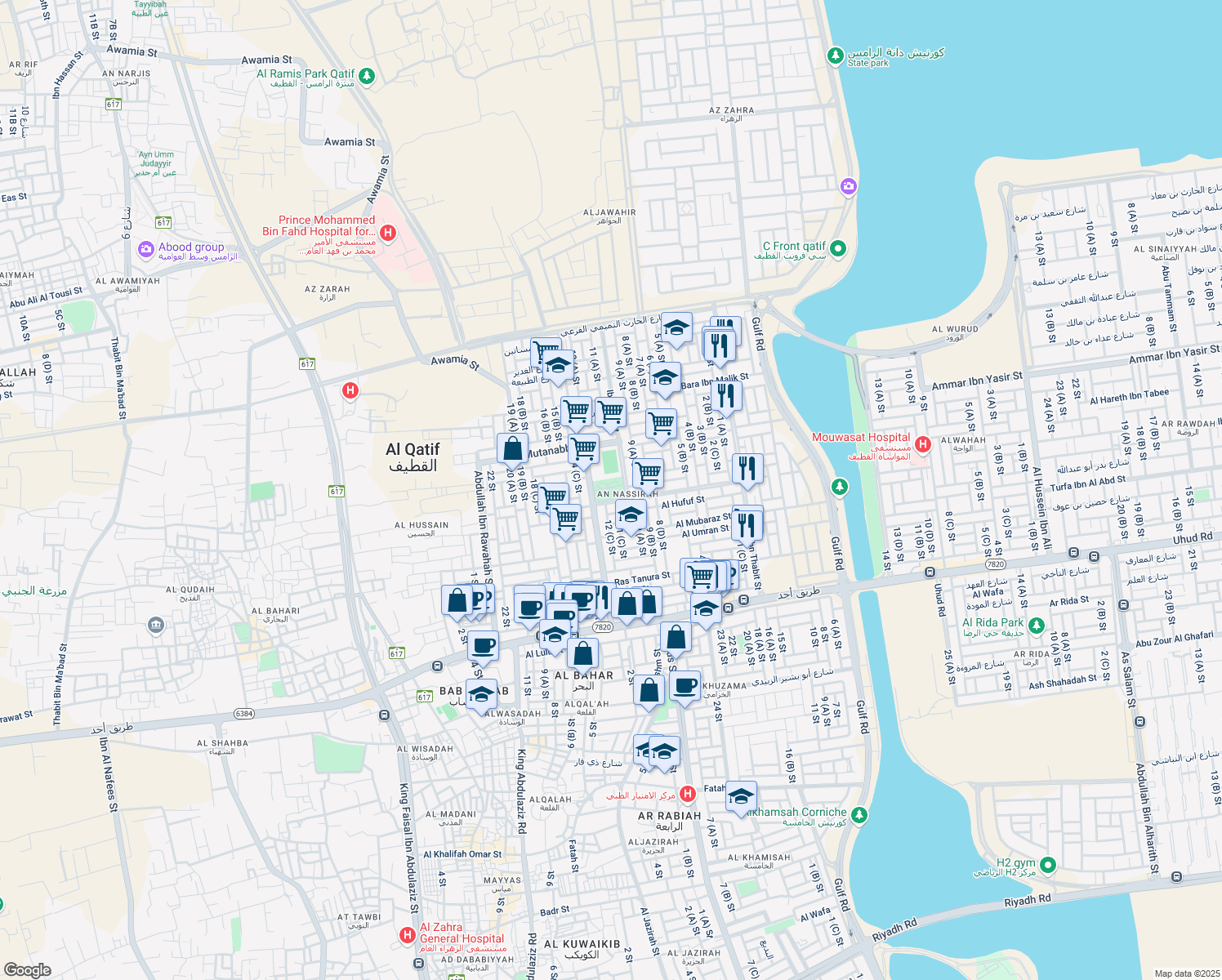 map of restaurants, bars, coffee shops, grocery stores, and more near 6977 Ibn Sina in Al Qatif