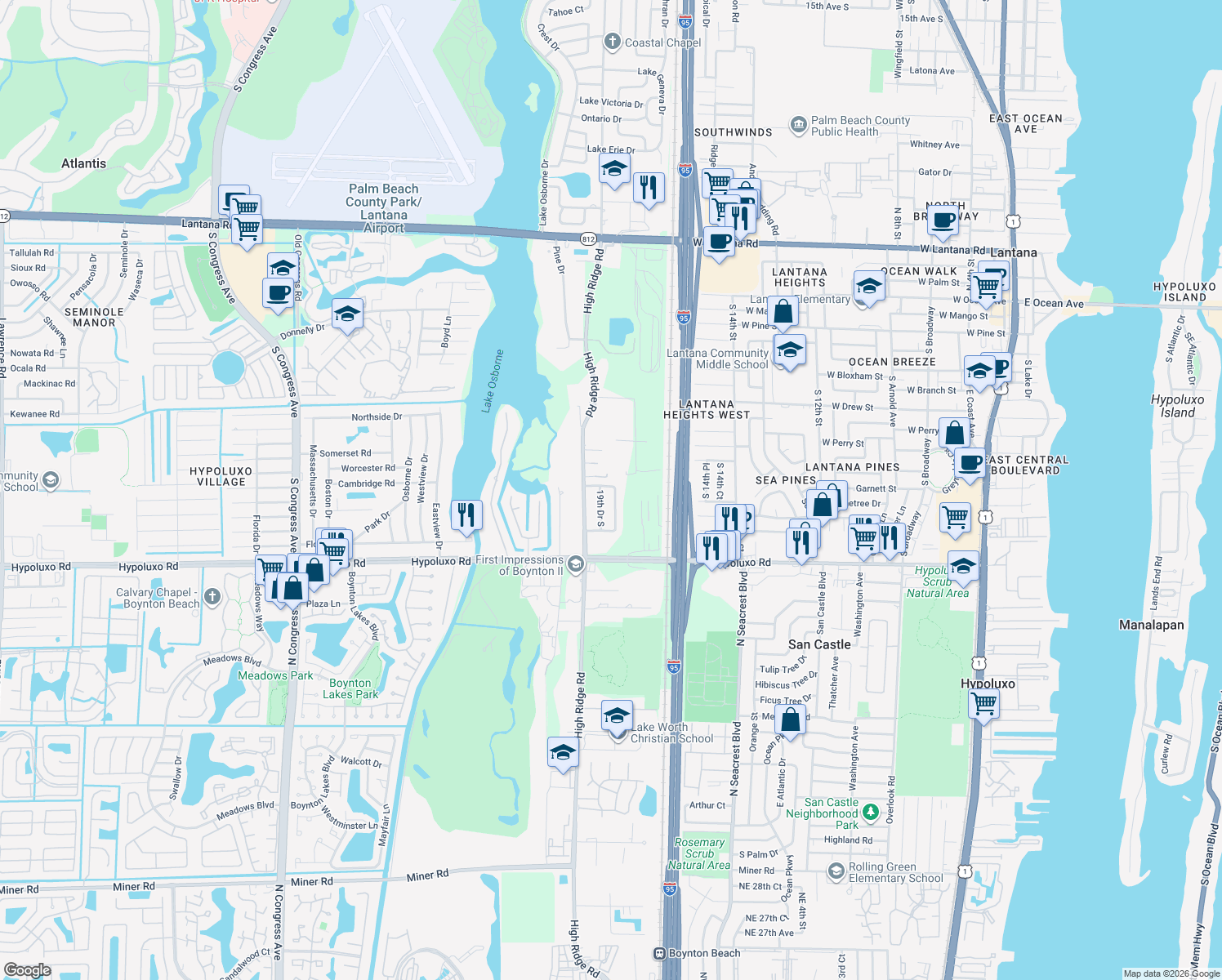 map of restaurants, bars, coffee shops, grocery stores, and more near 6793 19th Ave S in Lake Worth