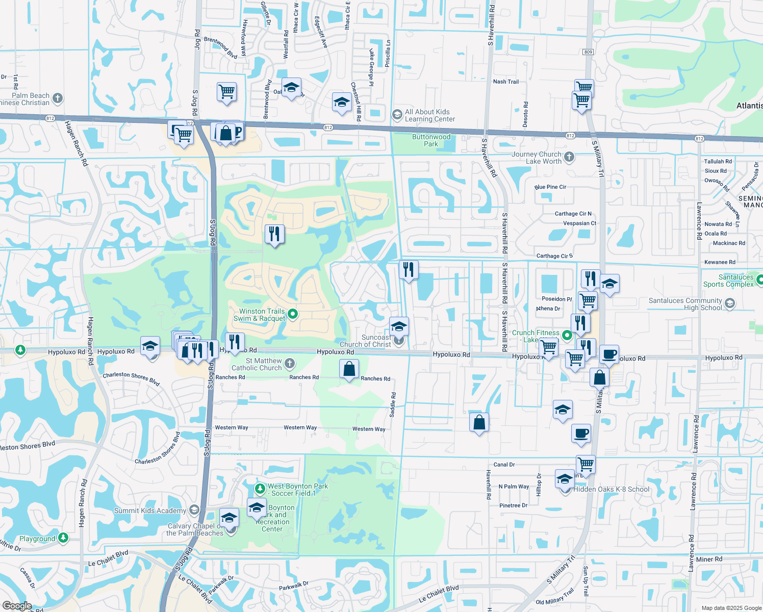 map of restaurants, bars, coffee shops, grocery stores, and more near 5619 Kingsmill Court in Lake Worth