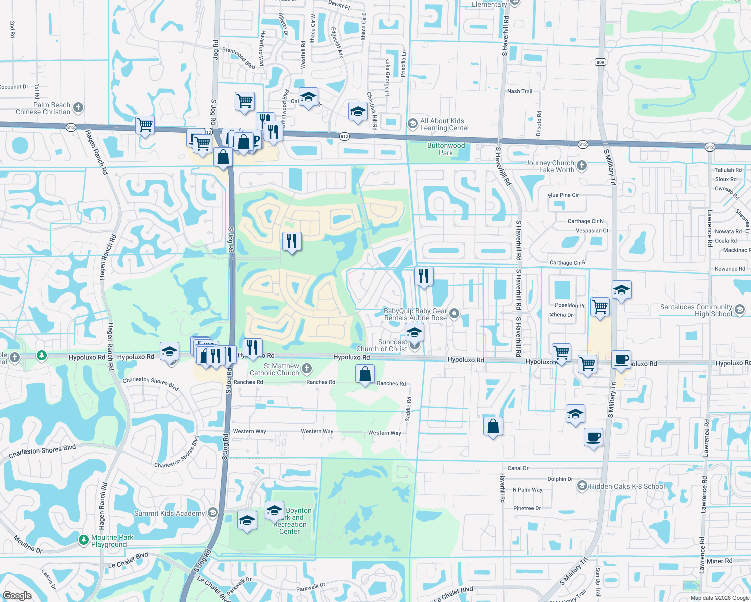 map of restaurants, bars, coffee shops, grocery stores, and more near 6765 Green Island Circle in Lake Worth