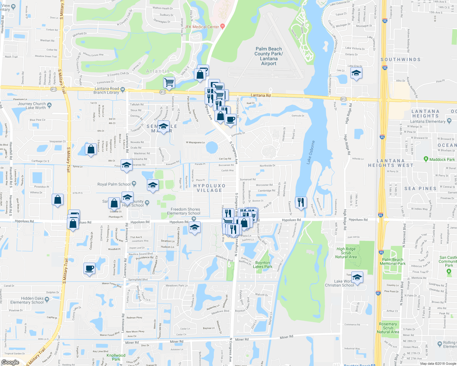map of restaurants, bars, coffee shops, grocery stores, and more near 3080 Seagrape Road in Lake Worth