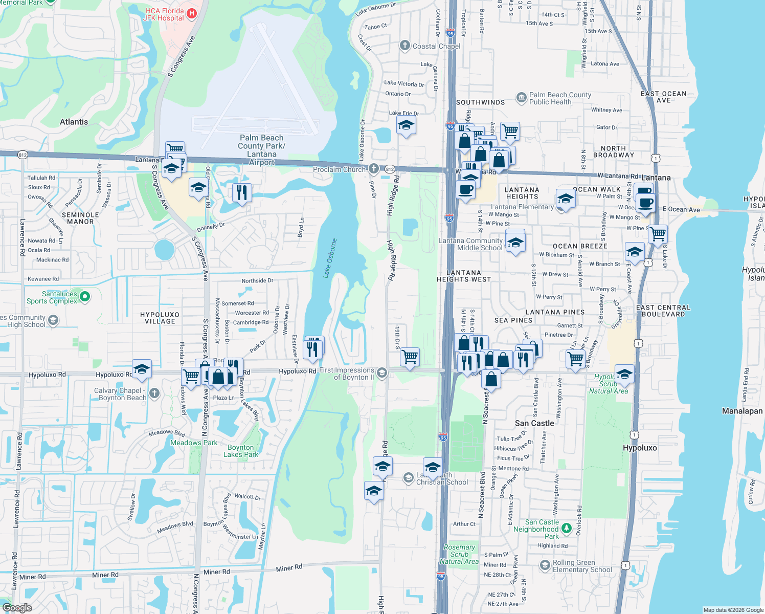 map of restaurants, bars, coffee shops, grocery stores, and more near 6699 High Ridge Road in Lake Worth