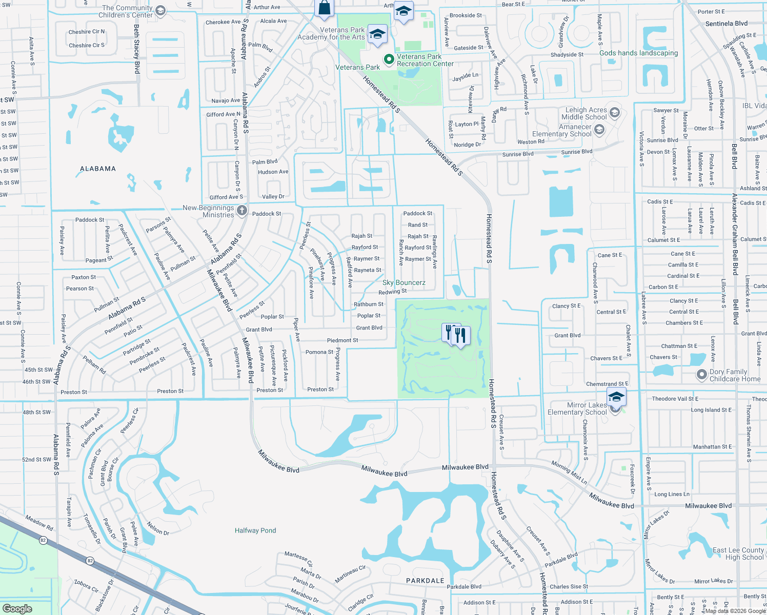 map of restaurants, bars, coffee shops, grocery stores, and more near 450 Rathburn Street in Lehigh Acres