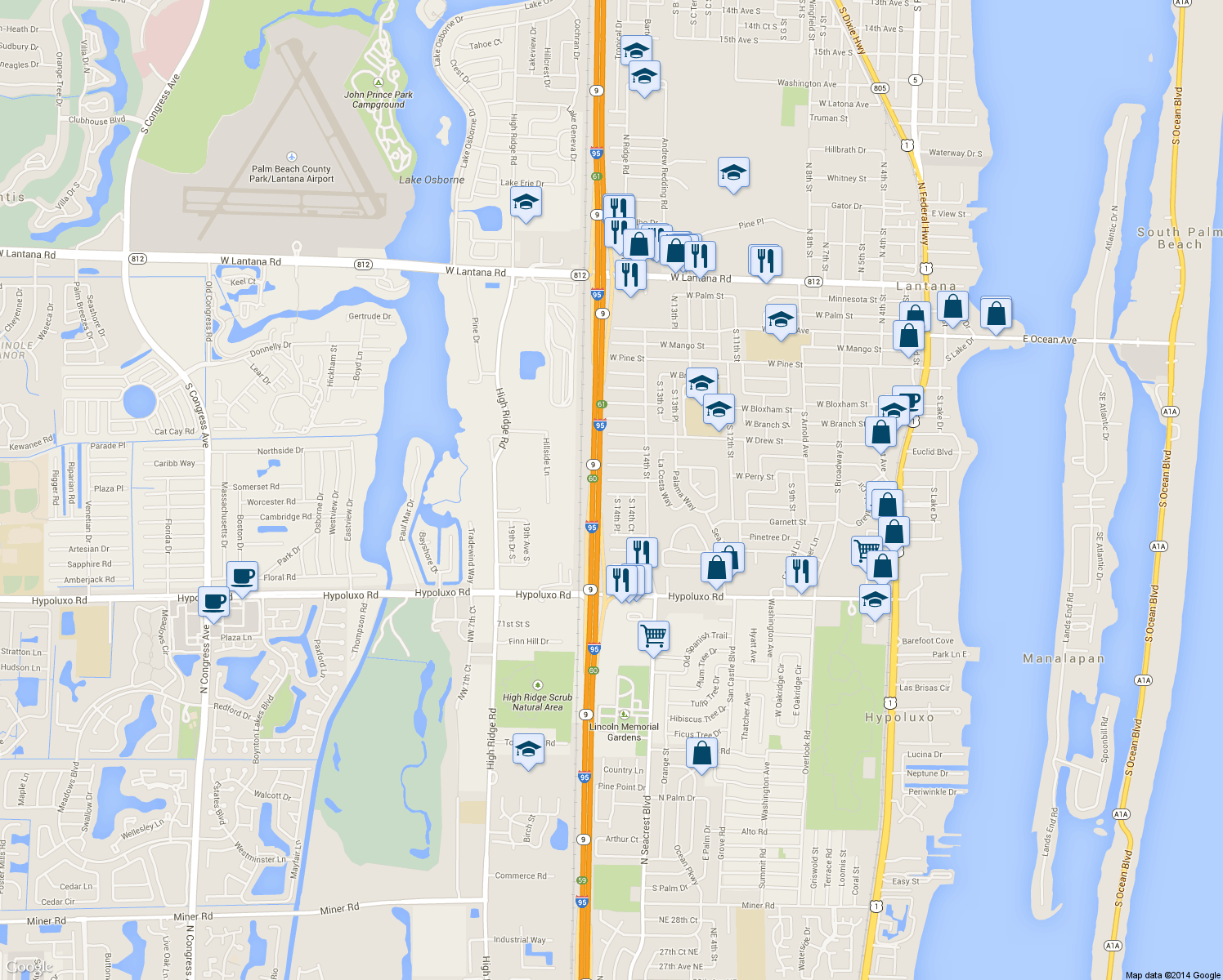 map of restaurants, bars, coffee shops, grocery stores, and more near 1445 West Central Street in Lantana