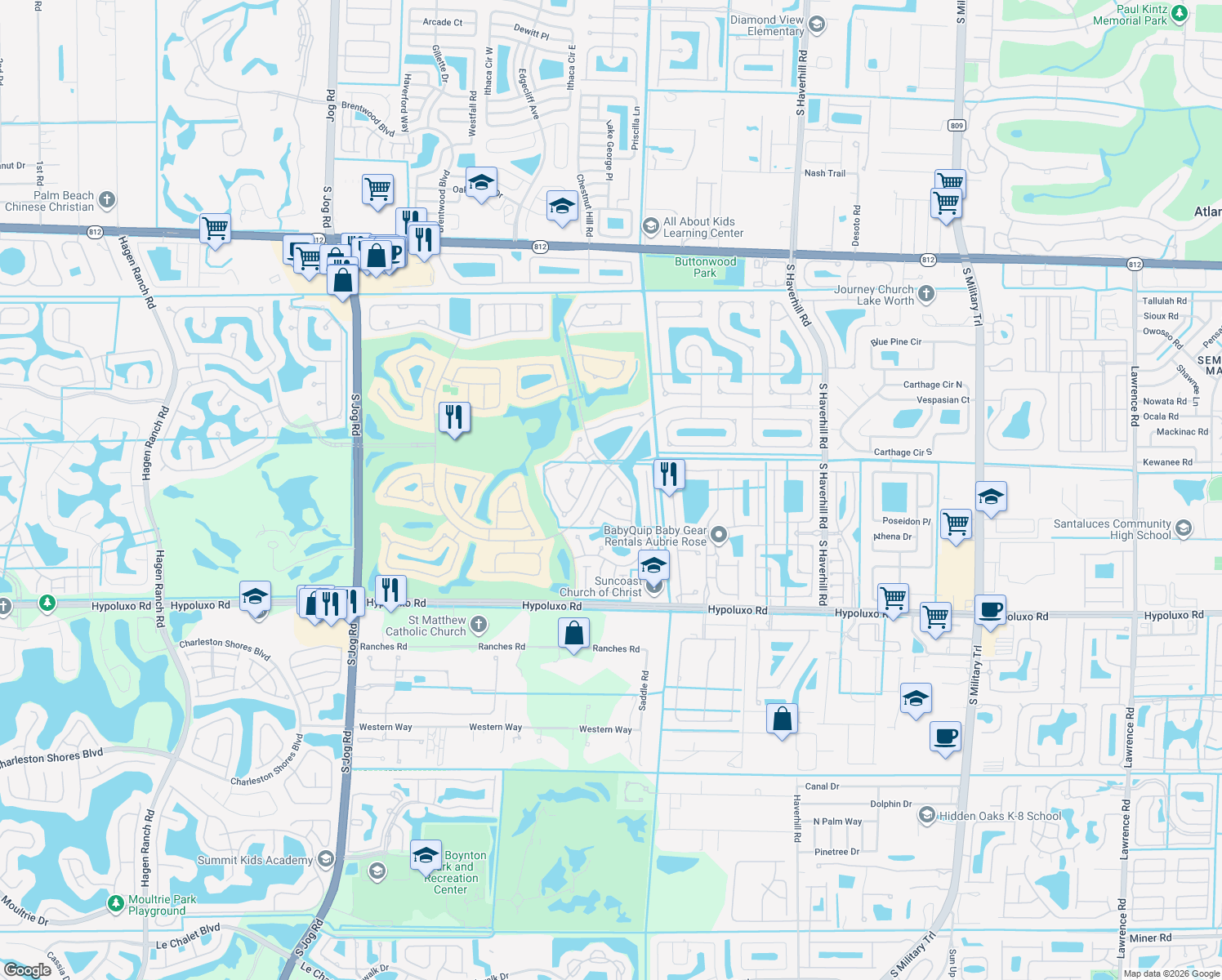 map of restaurants, bars, coffee shops, grocery stores, and more near 6680 Green Island Circle in Lake Worth