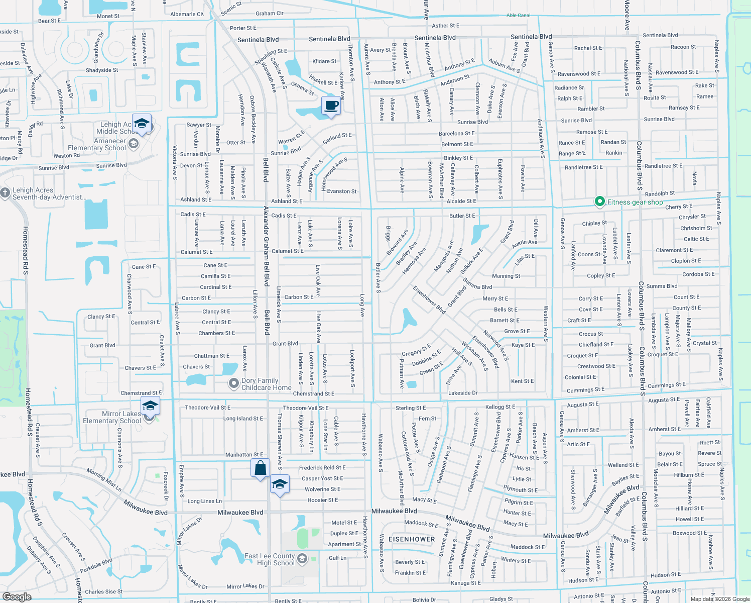 map of restaurants, bars, coffee shops, grocery stores, and more near 356 Butler Avenue South in Lehigh Acres
