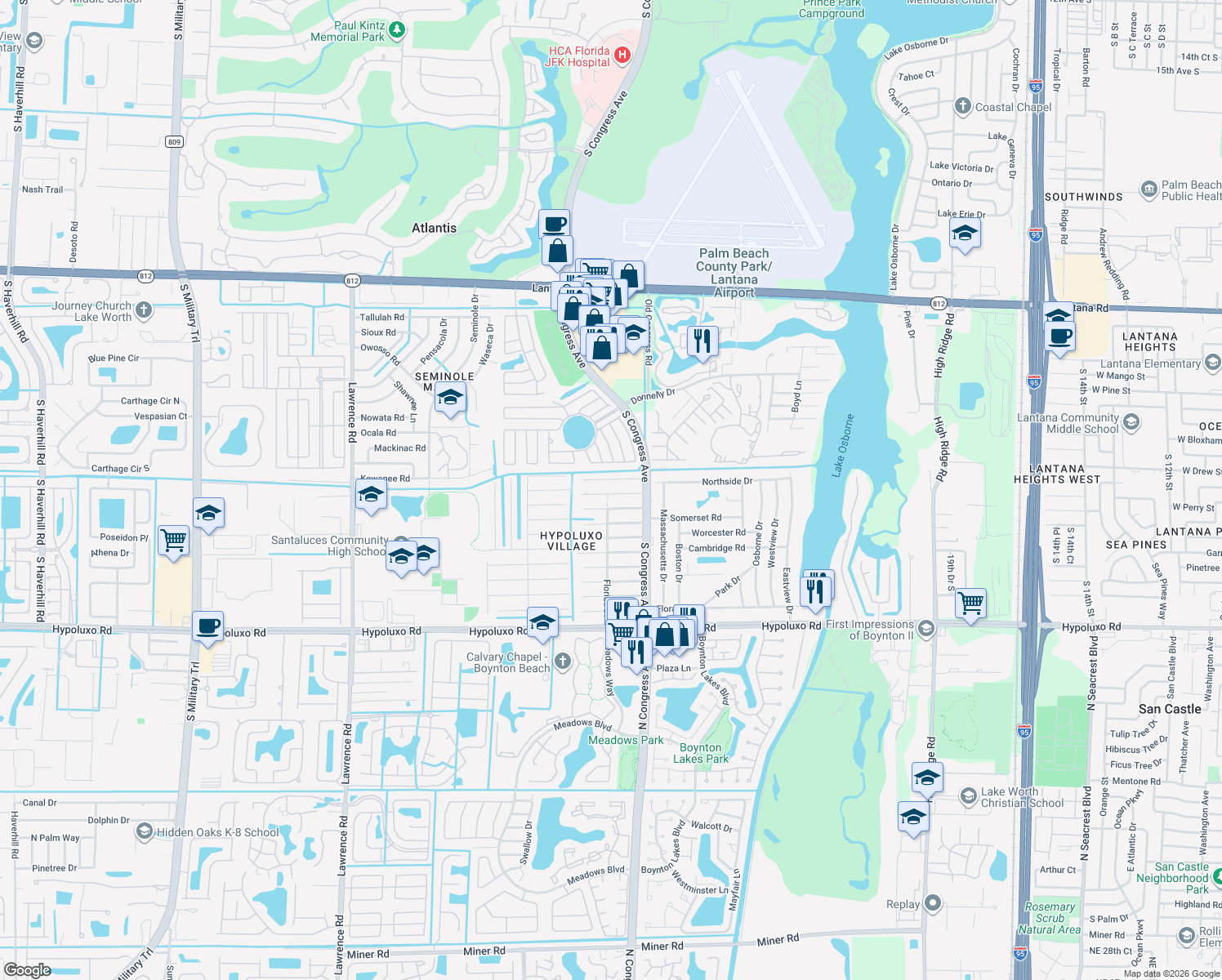 map of restaurants, bars, coffee shops, grocery stores, and more near 3119 Caribb Way in Lake Worth