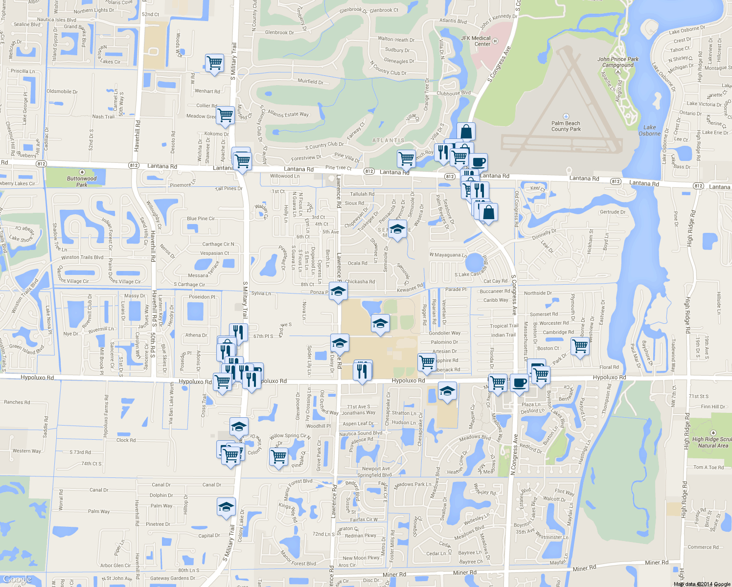 map of restaurants, bars, coffee shops, grocery stores, and more near 3856 Kewanee Road in Lake Worth