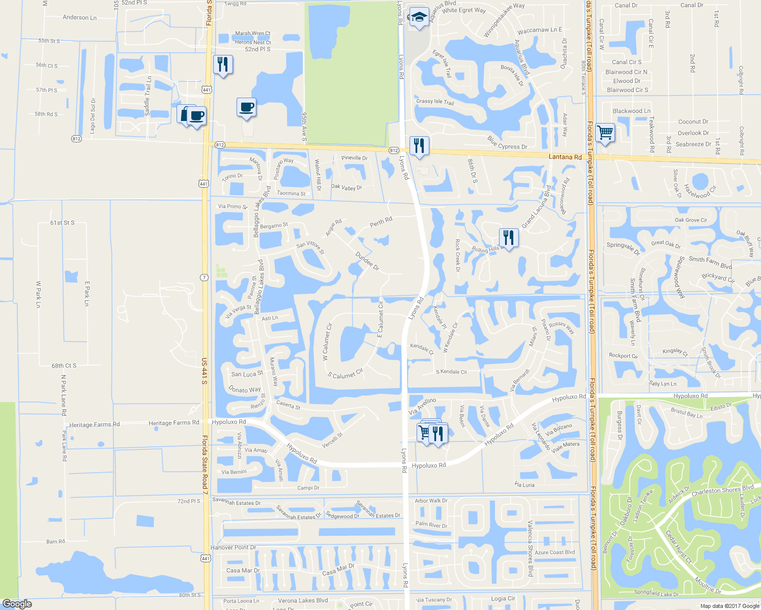 map of restaurants, bars, coffee shops, grocery stores, and more near 6635 East Calumet Circle in Lake Worth