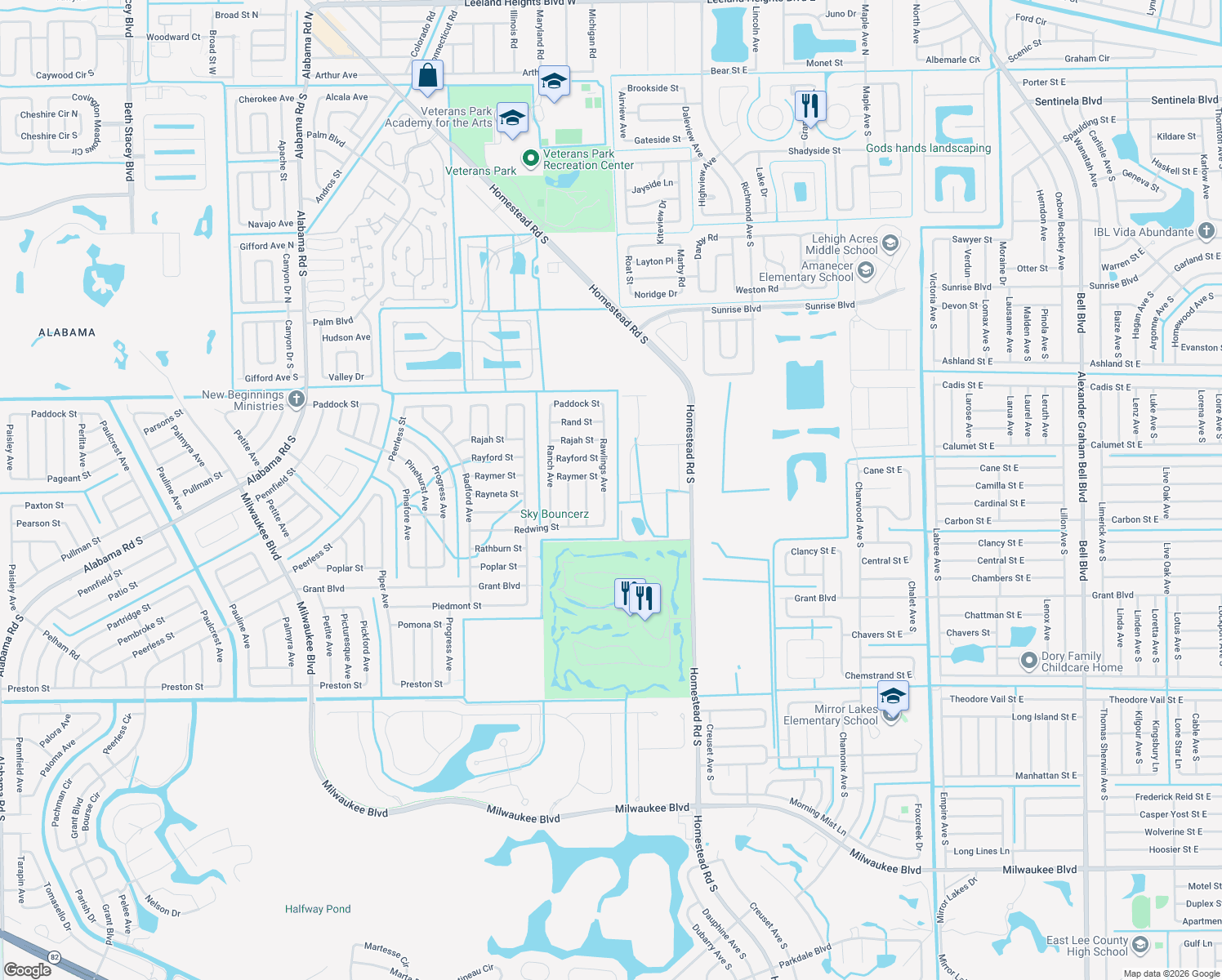 map of restaurants, bars, coffee shops, grocery stores, and more near 339 Rawlings Avenue in Lehigh Acres