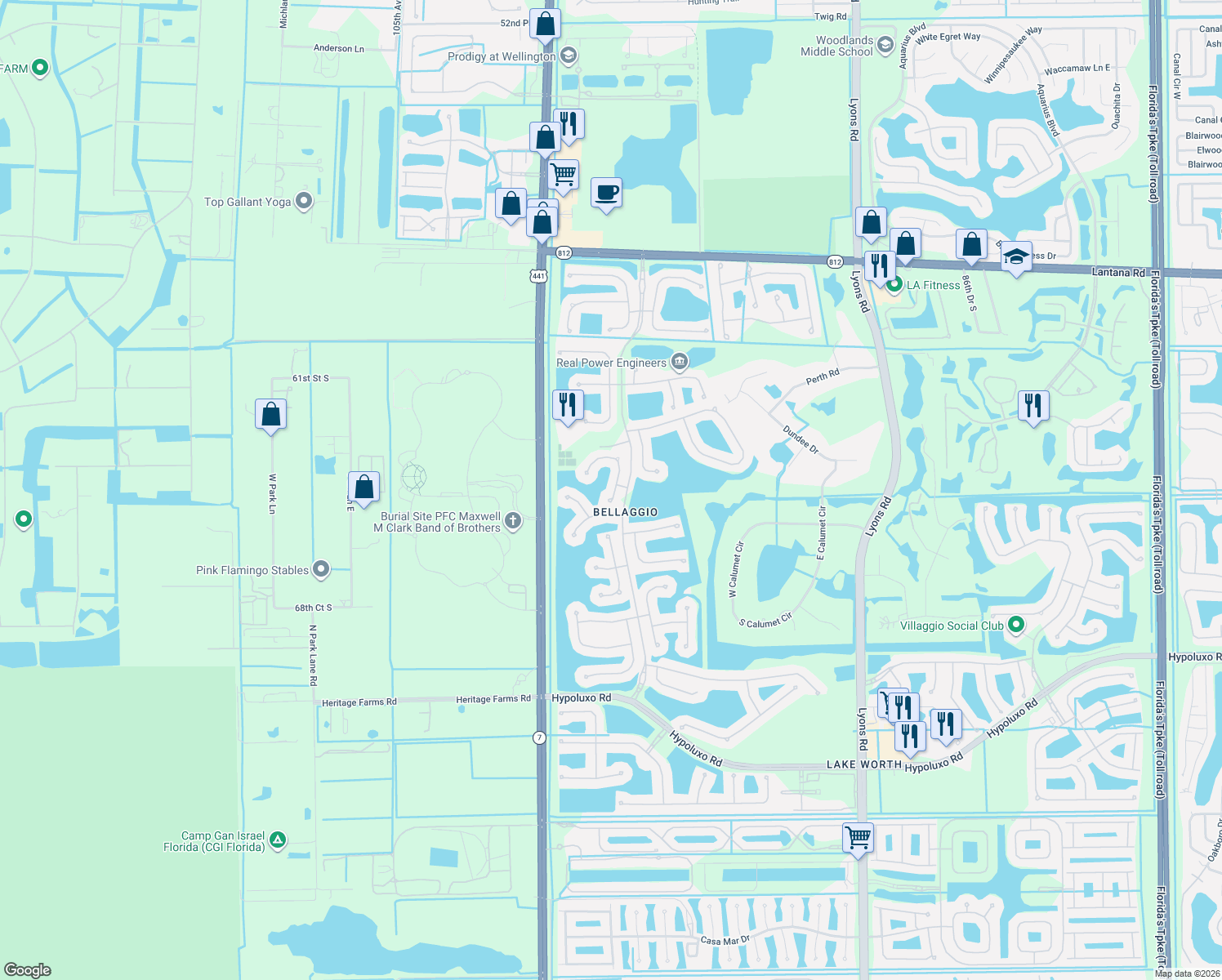 map of restaurants, bars, coffee shops, grocery stores, and more near 6525 Pavone Street in Lake Worth