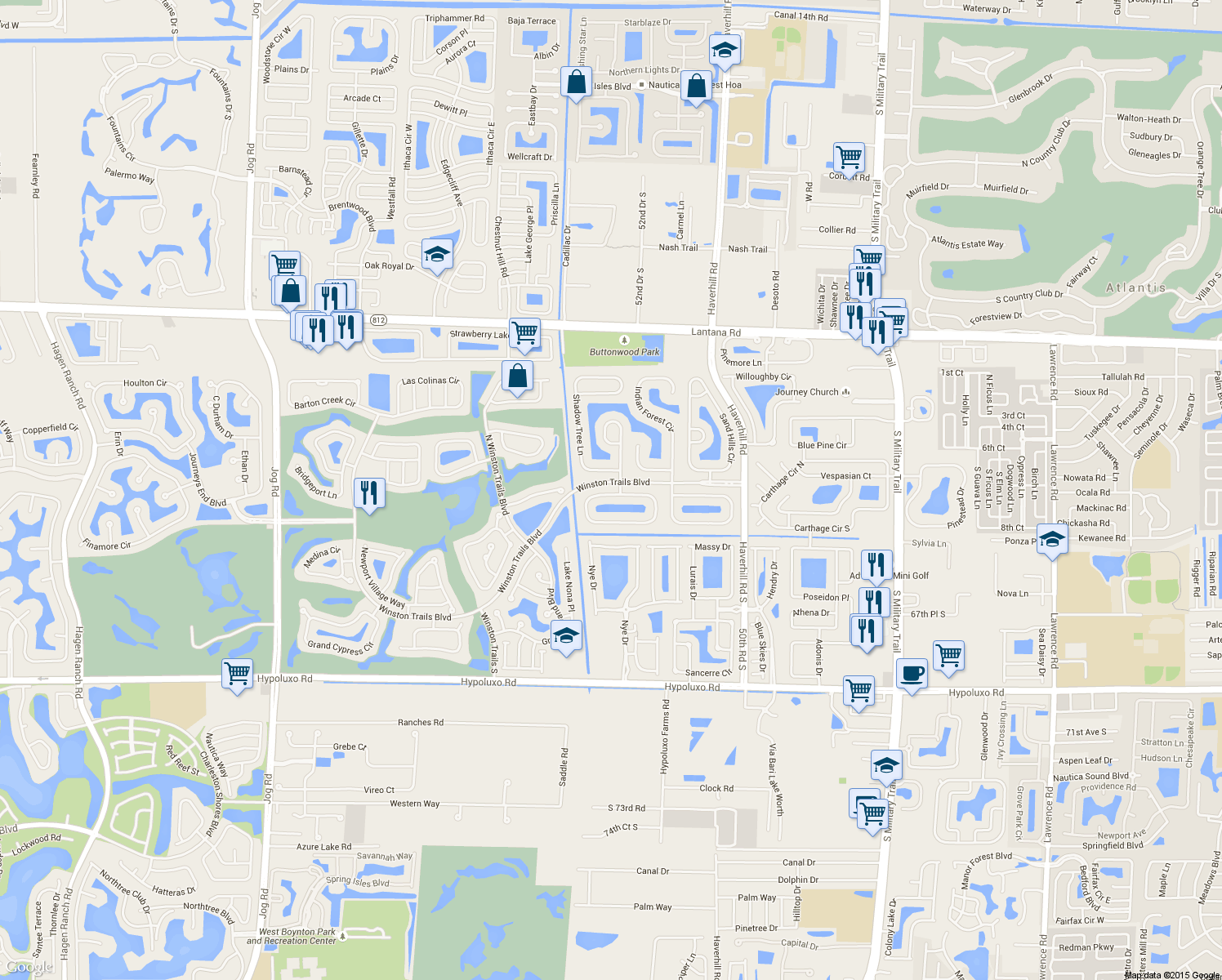 map of restaurants, bars, coffee shops, grocery stores, and more near 5453 Oakmont Village Circle in Lake Worth