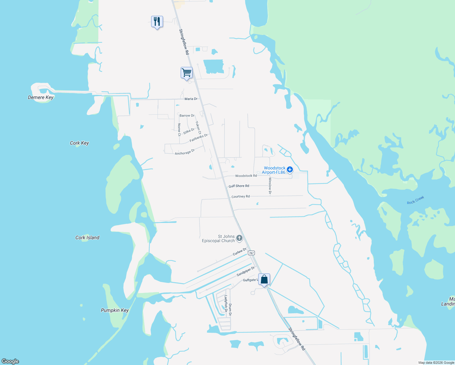 map of restaurants, bars, coffee shops, grocery stores, and more near 8360 Stringfellow Road in Saint James City