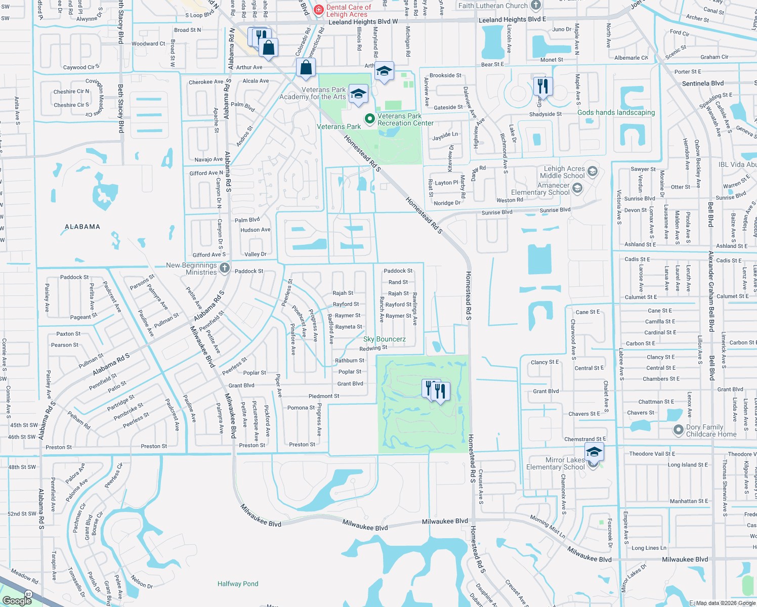 map of restaurants, bars, coffee shops, grocery stores, and more near 324 Ranch Avenue in Lehigh Acres