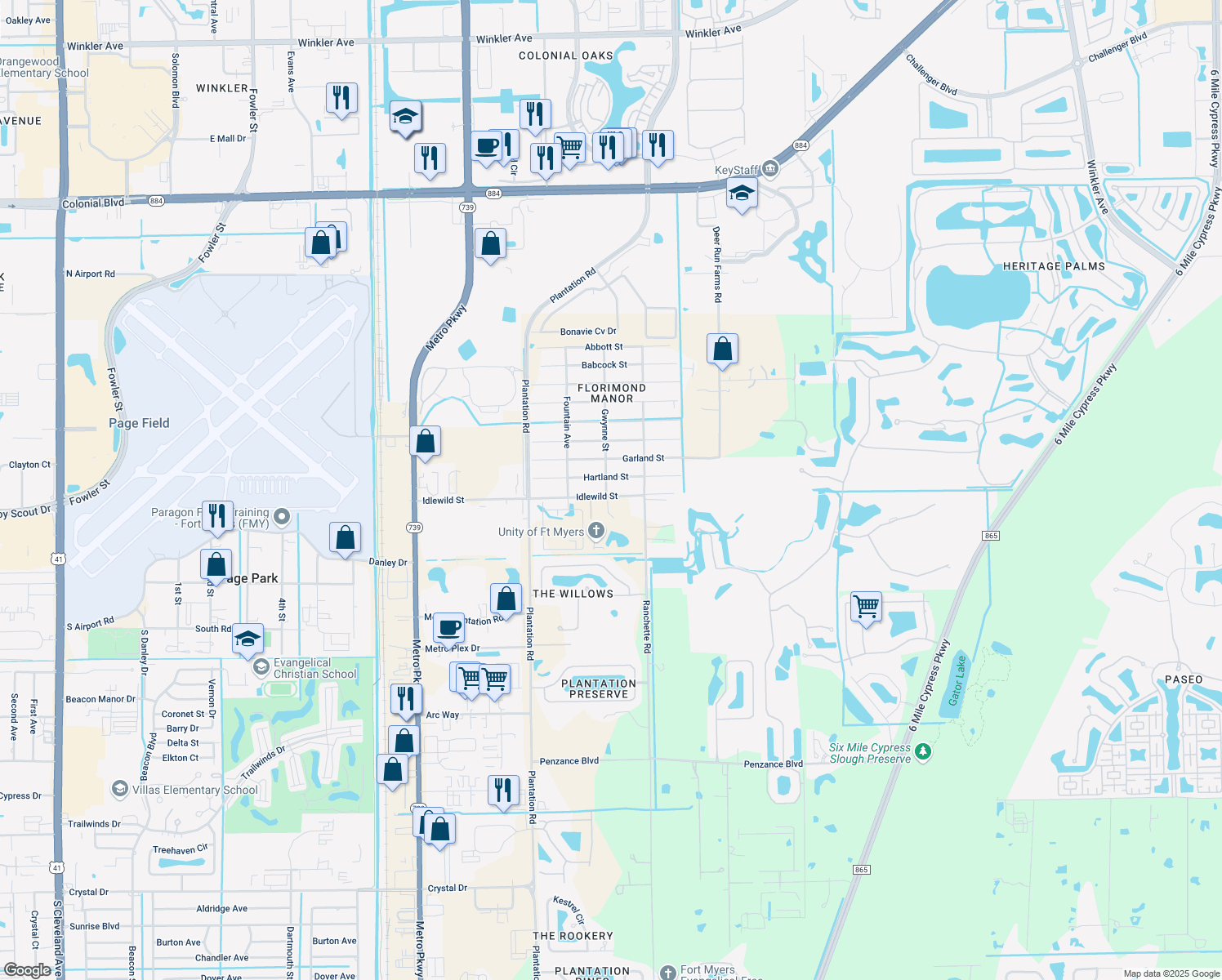 map of restaurants, bars, coffee shops, grocery stores, and more near 6701 Idlewild Street in Fort Myers