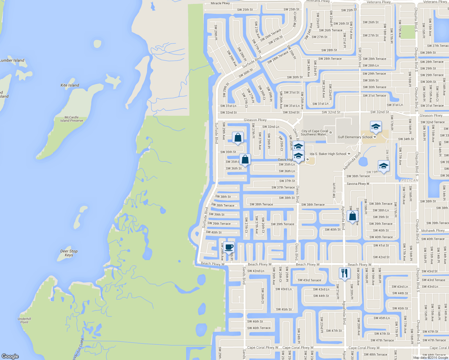 map of restaurants, bars, coffee shops, grocery stores, and more near 2906 Southwest 36th Terrace in Cape Coral