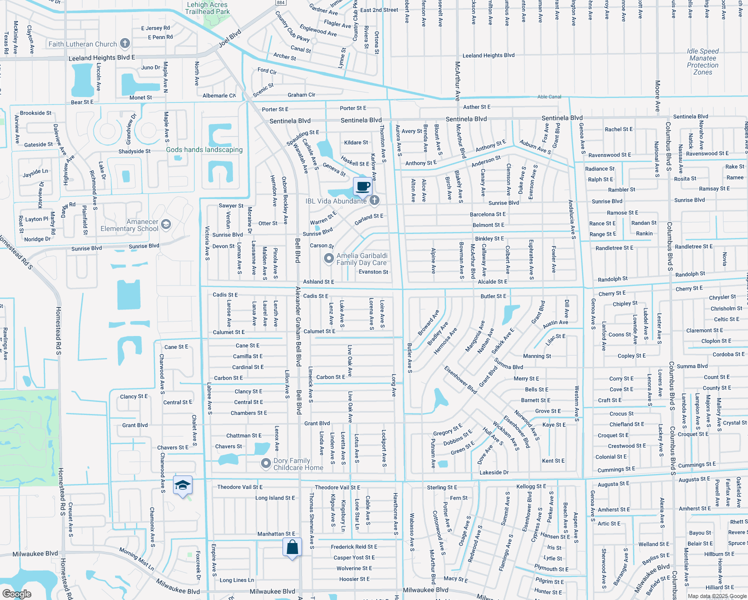 map of restaurants, bars, coffee shops, grocery stores, and more near 305 Lorena Avenue South in Lehigh Acres