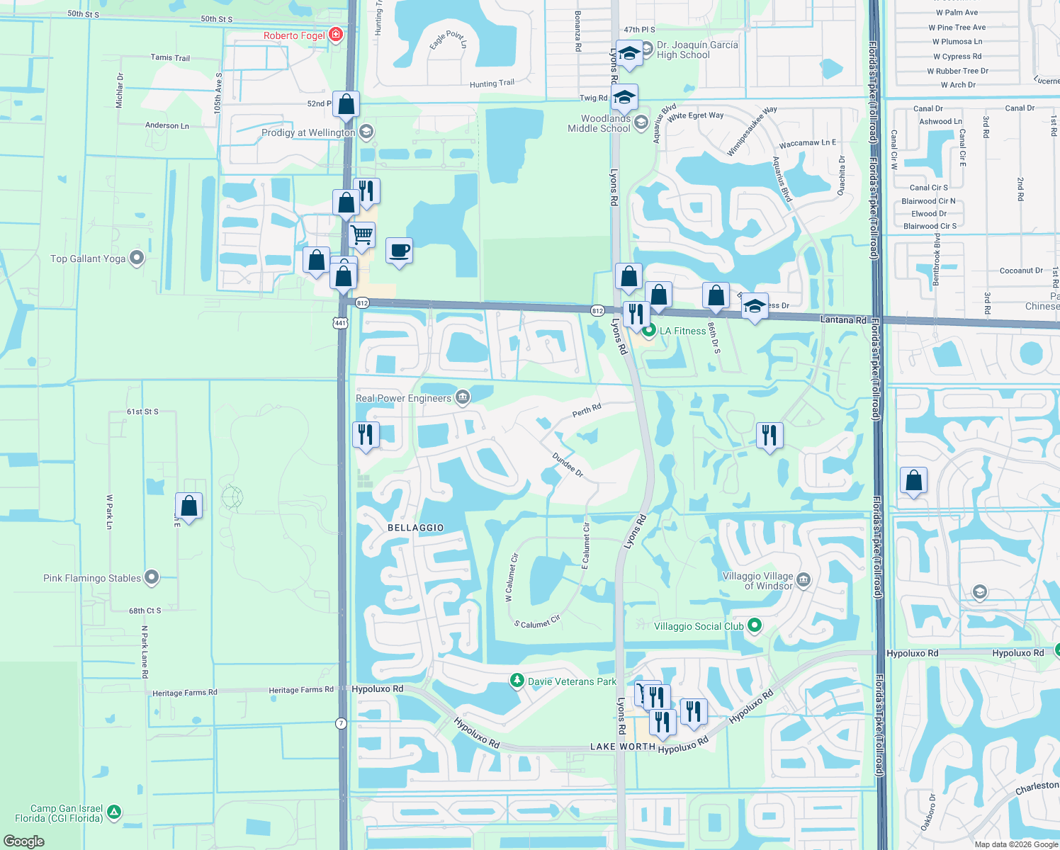map of restaurants, bars, coffee shops, grocery stores, and more near 9440 Dundee Drive in Lake Worth