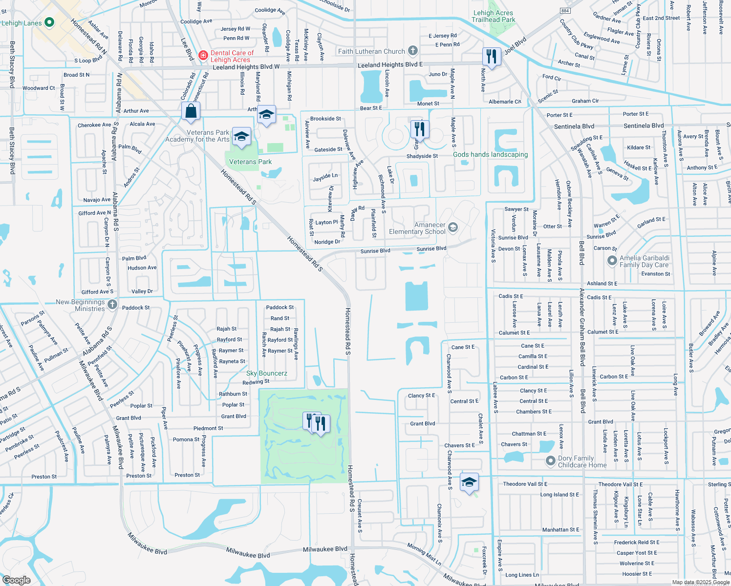 map of restaurants, bars, coffee shops, grocery stores, and more near 262 Bethany Home Drive in Lehigh Acres