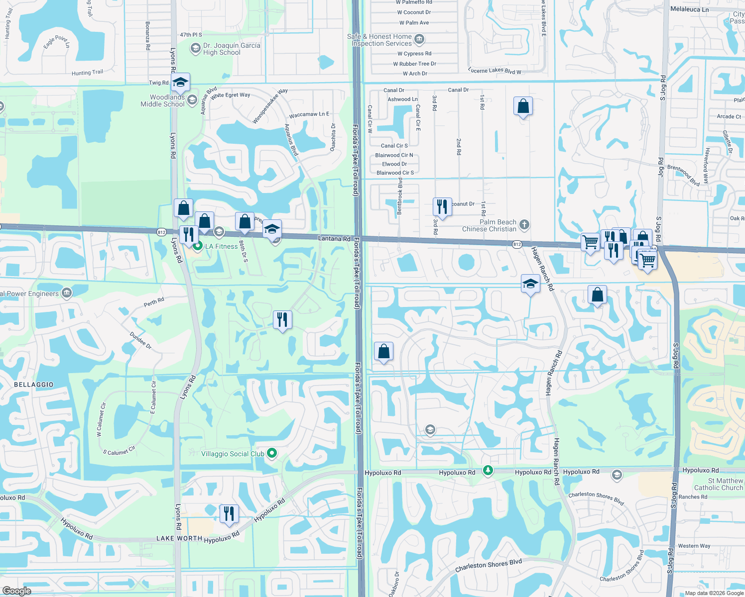 map of restaurants, bars, coffee shops, grocery stores, and more near 6042 Branchwood Drive in Lake Worth