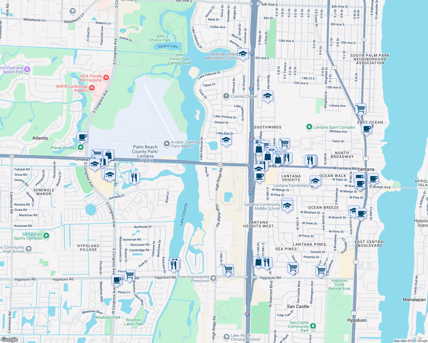 map of restaurants, bars, coffee shops, grocery stores, and more near 6052 High Ridge Road in Lake Worth