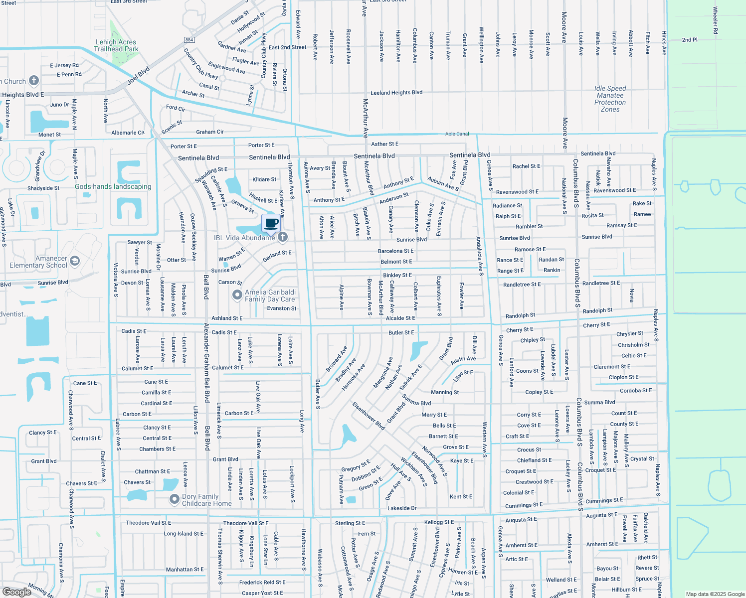 map of restaurants, bars, coffee shops, grocery stores, and more near 235 Bowman Avenue South in Lehigh Acres