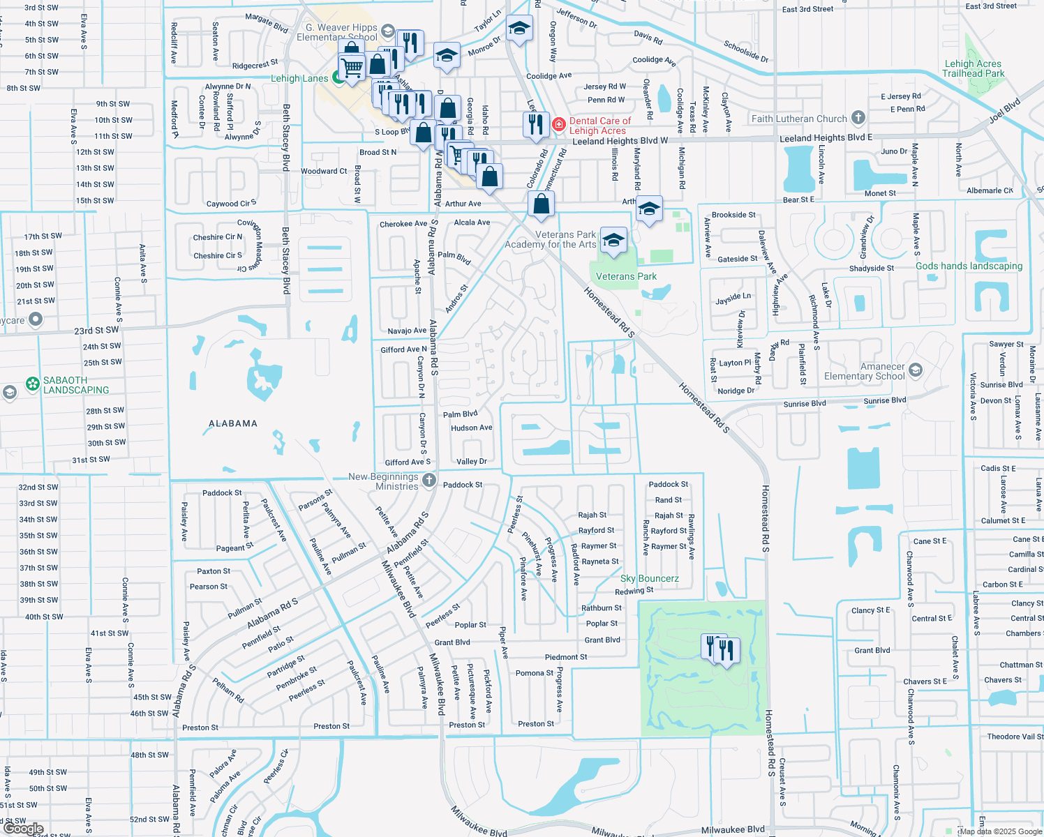 map of restaurants, bars, coffee shops, grocery stores, and more near 10497 Canal Brook Lane in Lehigh Acres