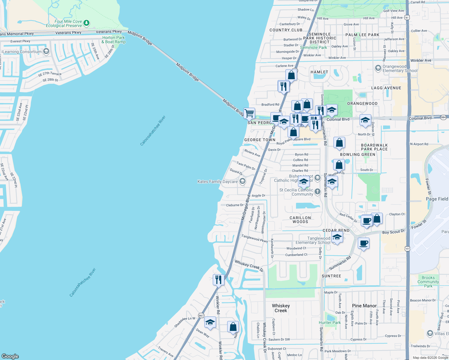 map of restaurants, bars, coffee shops, grocery stores, and more near 6103 West Riverside Drive in Fort Myers