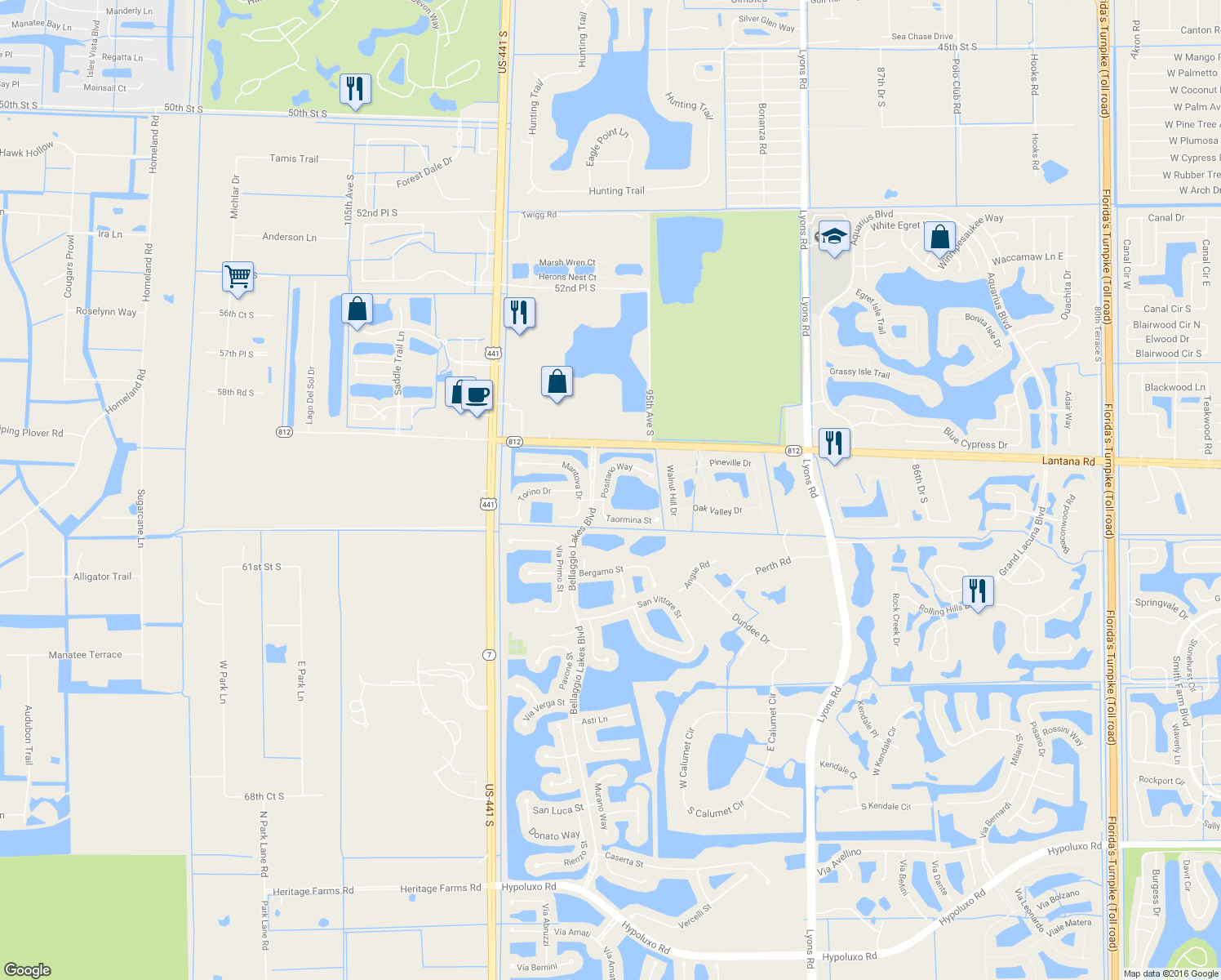 map of restaurants, bars, coffee shops, grocery stores, and more near 9670 Positano Way in Lake Worth