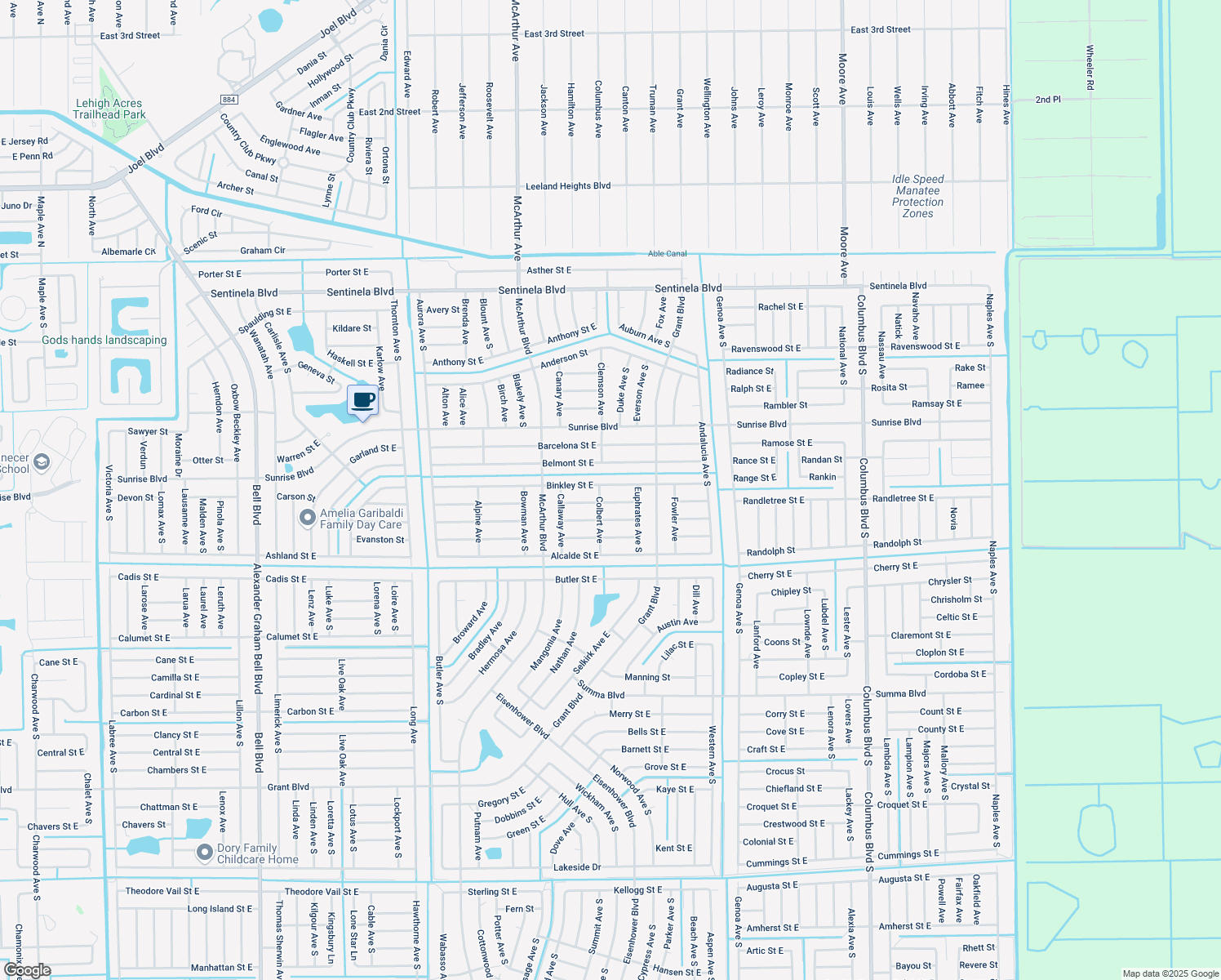 map of restaurants, bars, coffee shops, grocery stores, and more near 1032 Binkley Street East in Lehigh Acres