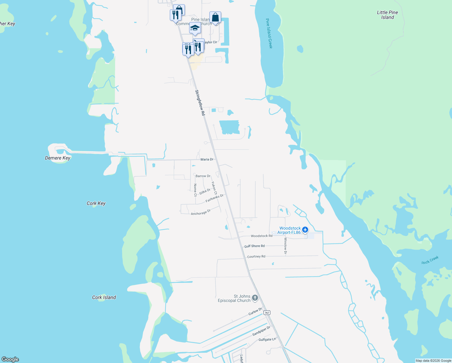 map of restaurants, bars, coffee shops, grocery stores, and more near 8809 Skagway Court in Saint James City