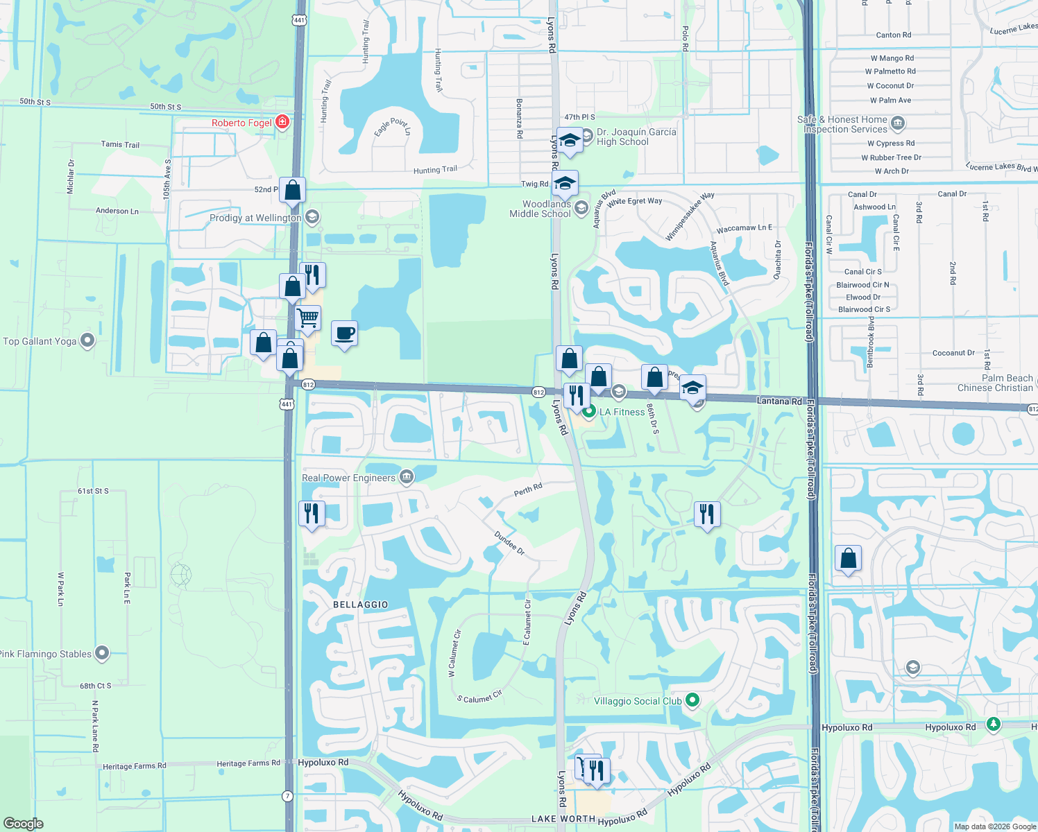 map of restaurants, bars, coffee shops, grocery stores, and more near 9165 Pineville Drive in Lake Worth