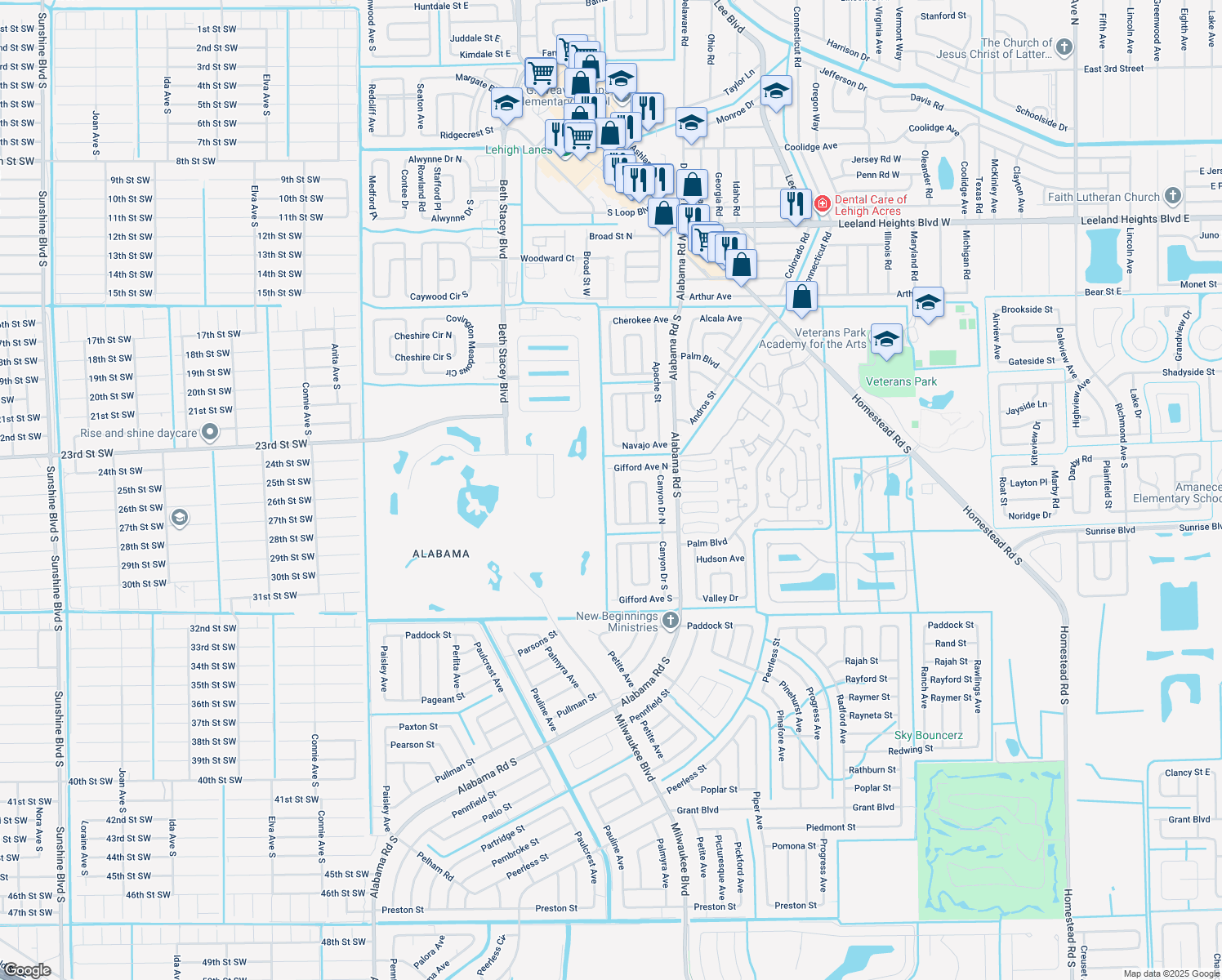map of restaurants, bars, coffee shops, grocery stores, and more near 309 Rushmore Ave N in Lehigh Acres