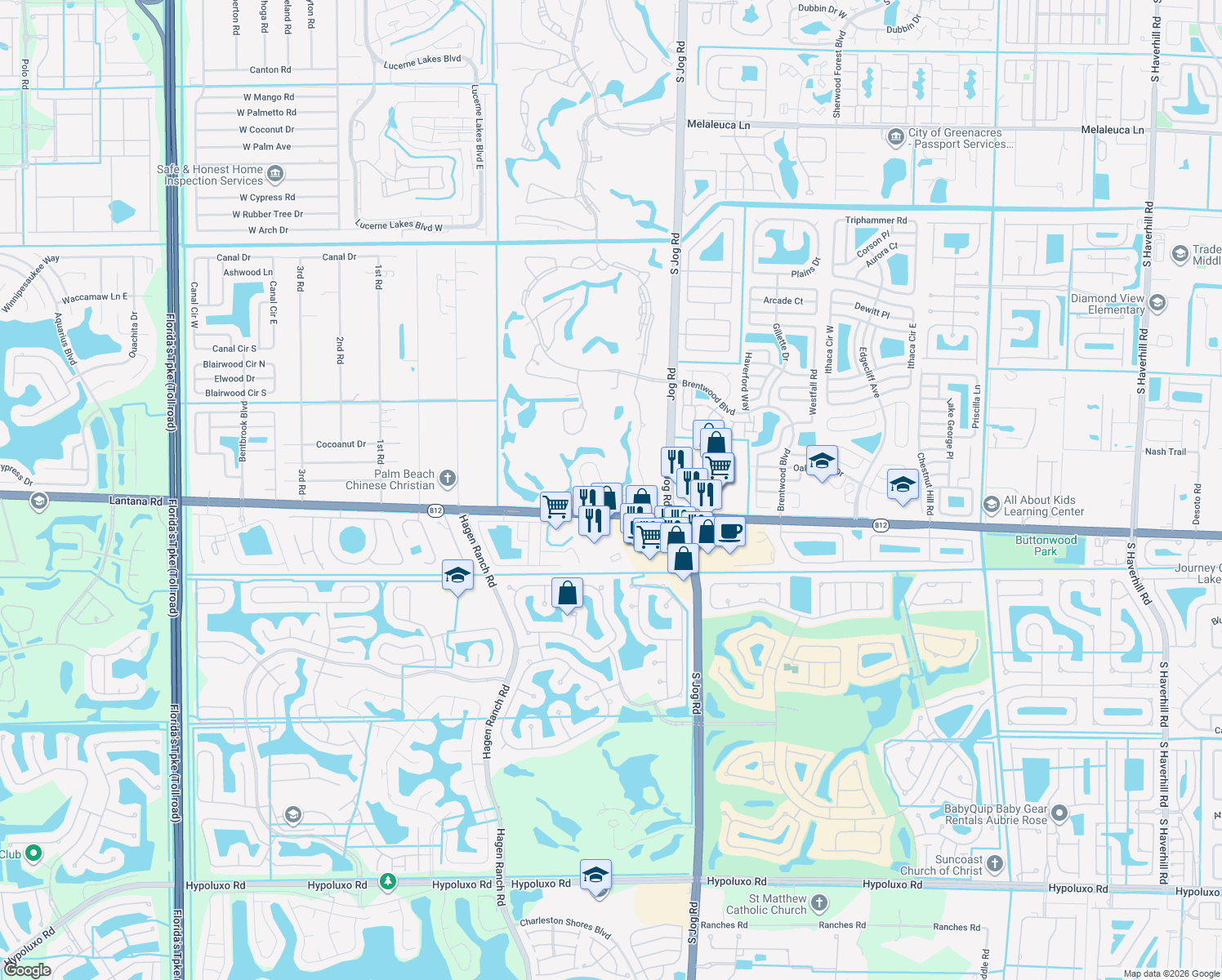 map of restaurants, bars, coffee shops, grocery stores, and more near 5641 Fountains Drive South in Lake Worth
