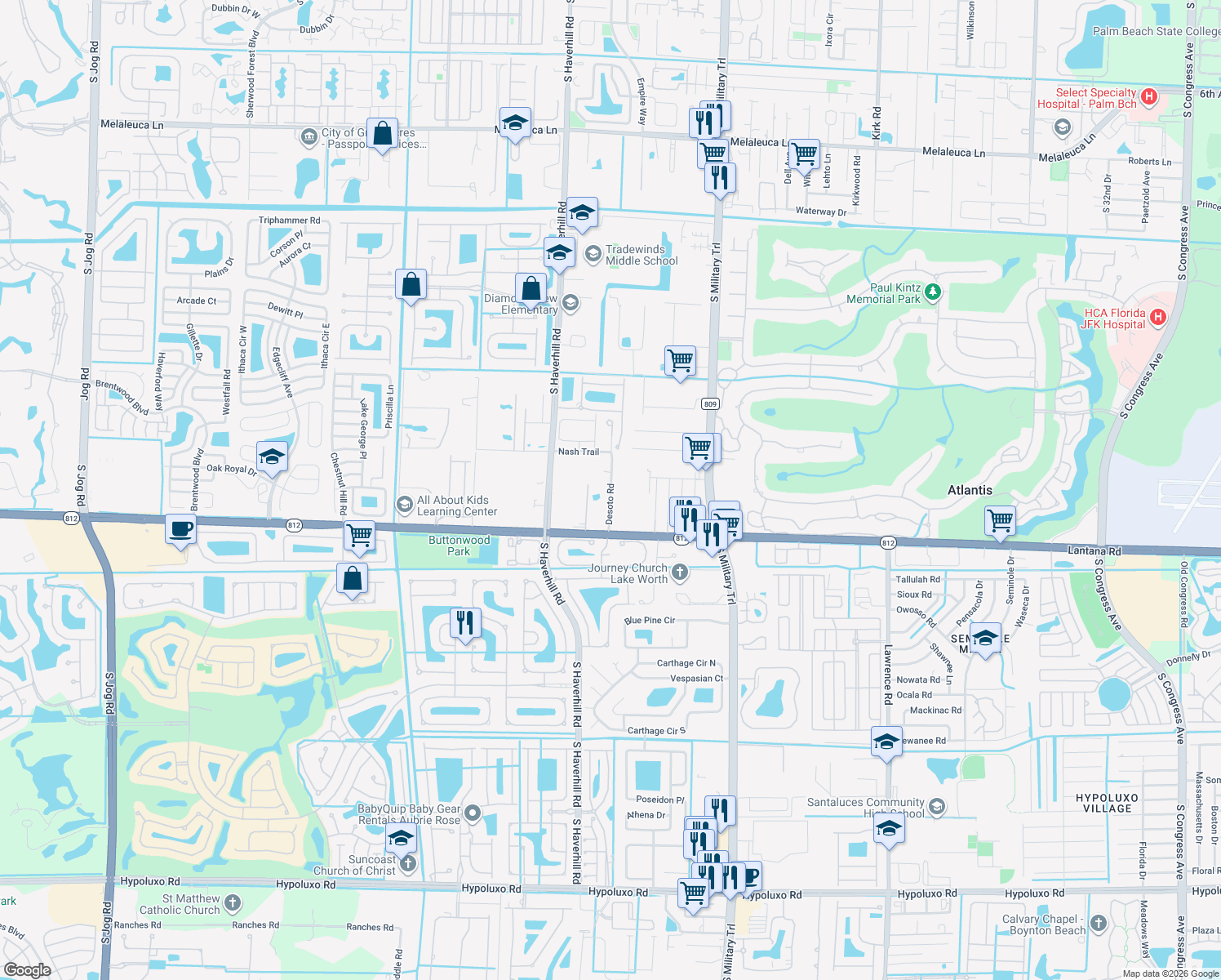 map of restaurants, bars, coffee shops, grocery stores, and more near 5857 Desoto Road in Lake Worth