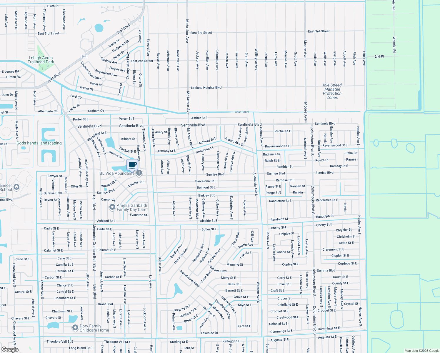 map of restaurants, bars, coffee shops, grocery stores, and more near 1032 Sunrise Boulevard in Lehigh Acres